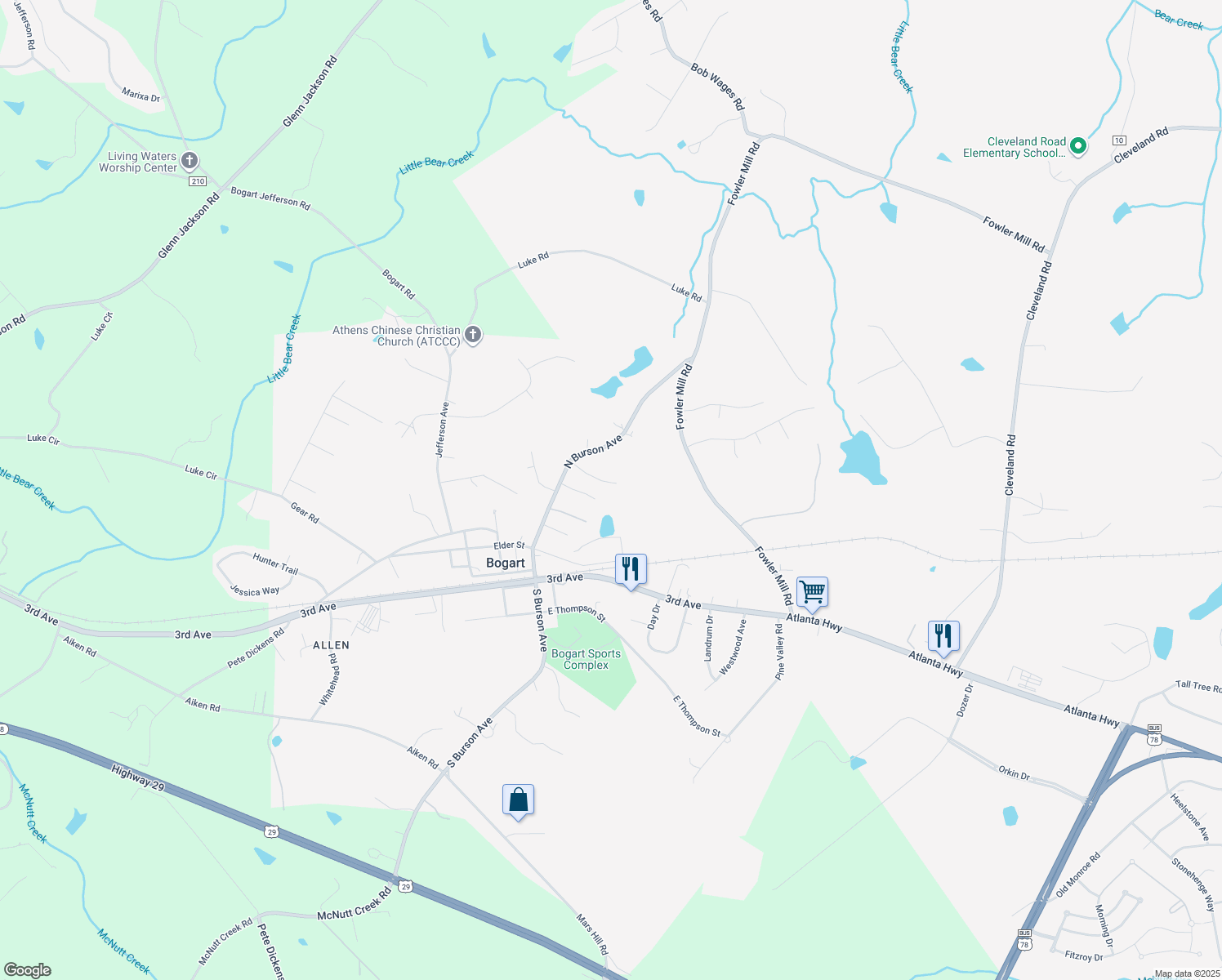 map of restaurants, bars, coffee shops, grocery stores, and more near 140 Michelle Ln in Bogart