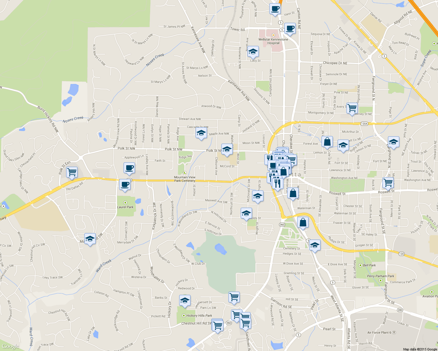 map of restaurants, bars, coffee shops, grocery stores, and more near 32 Cleburne Avenue Northwest in Marietta