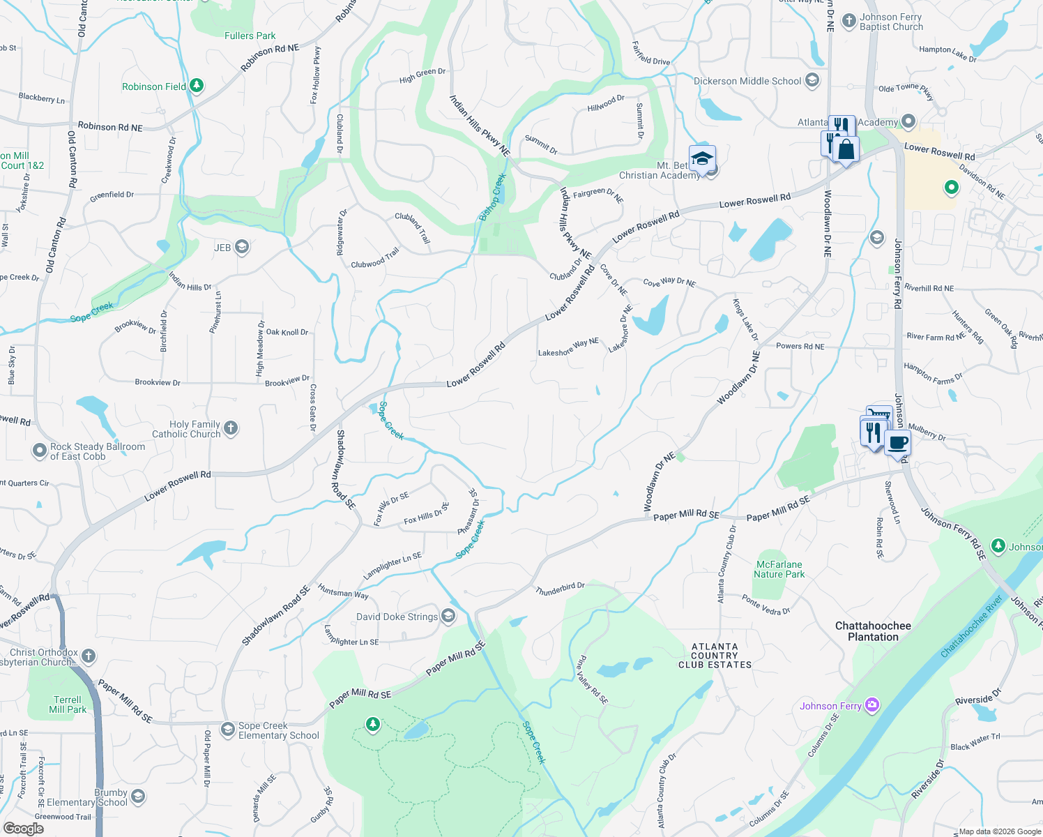 map of restaurants, bars, coffee shops, grocery stores, and more near 61 Old Fuller Mill Road Northeast in Marietta