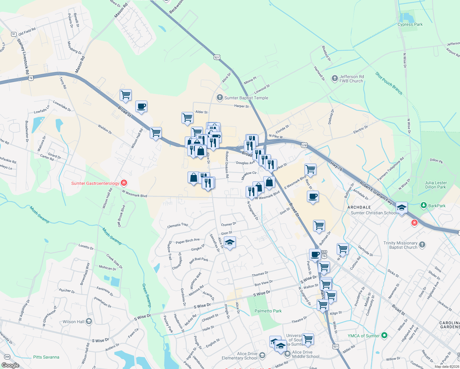 map of restaurants, bars, coffee shops, grocery stores, and more near 786 Lang Jennings Drive in Sumter