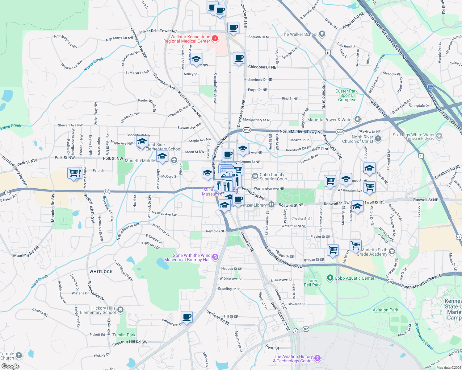 map of restaurants, bars, coffee shops, grocery stores, and more near in Marietta