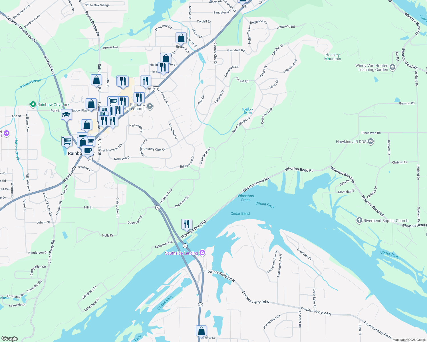 map of restaurants, bars, coffee shops, grocery stores, and more near 170 Greenbriar Road in Gadsden