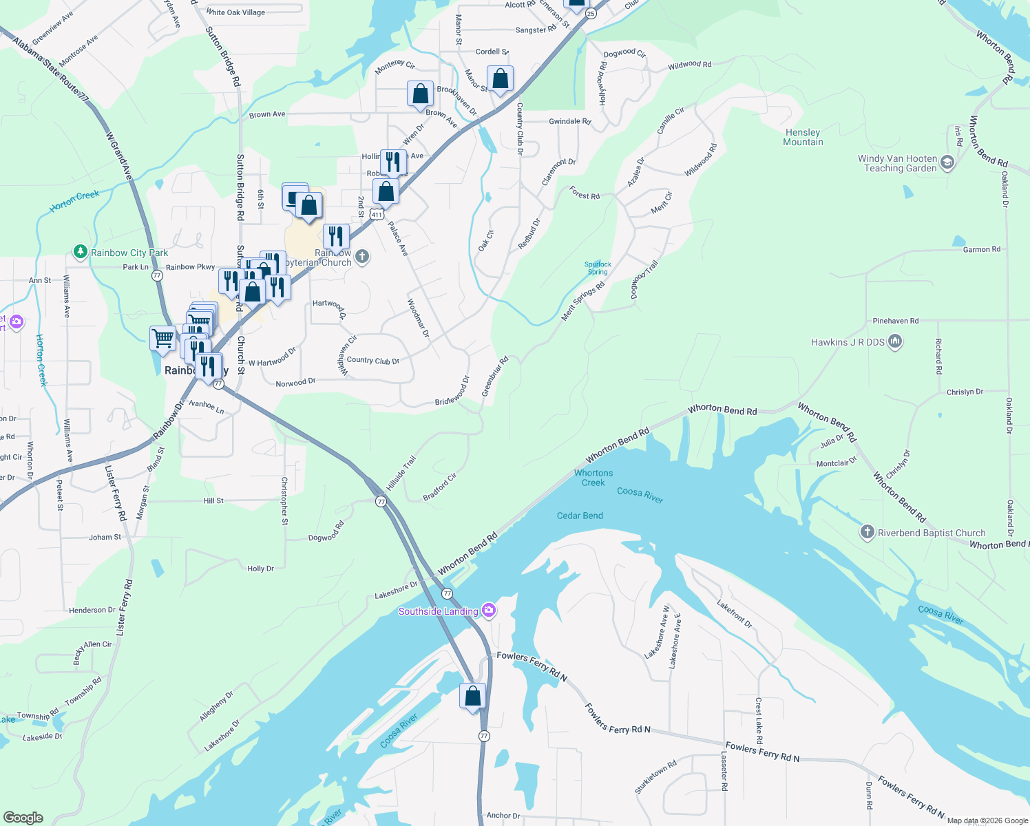 map of restaurants, bars, coffee shops, grocery stores, and more near 170 Greenbriar Road in Gadsden