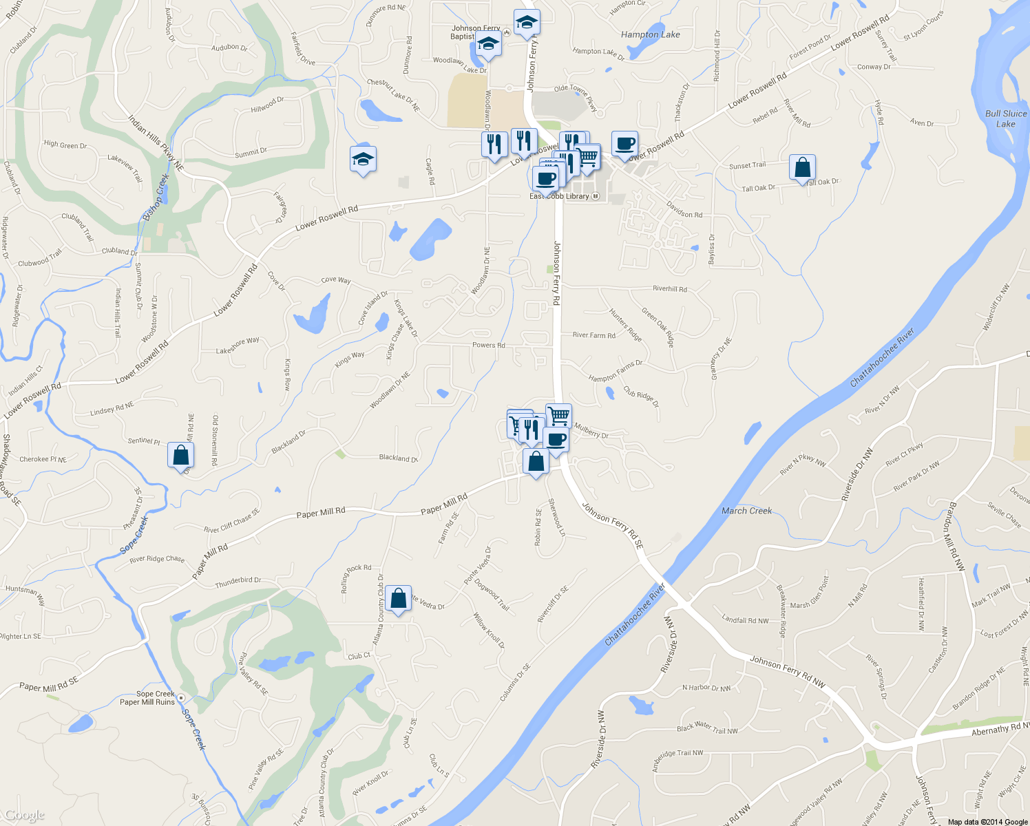 map of restaurants, bars, coffee shops, grocery stores, and more near 155 Johnson Ferry Road in Marietta