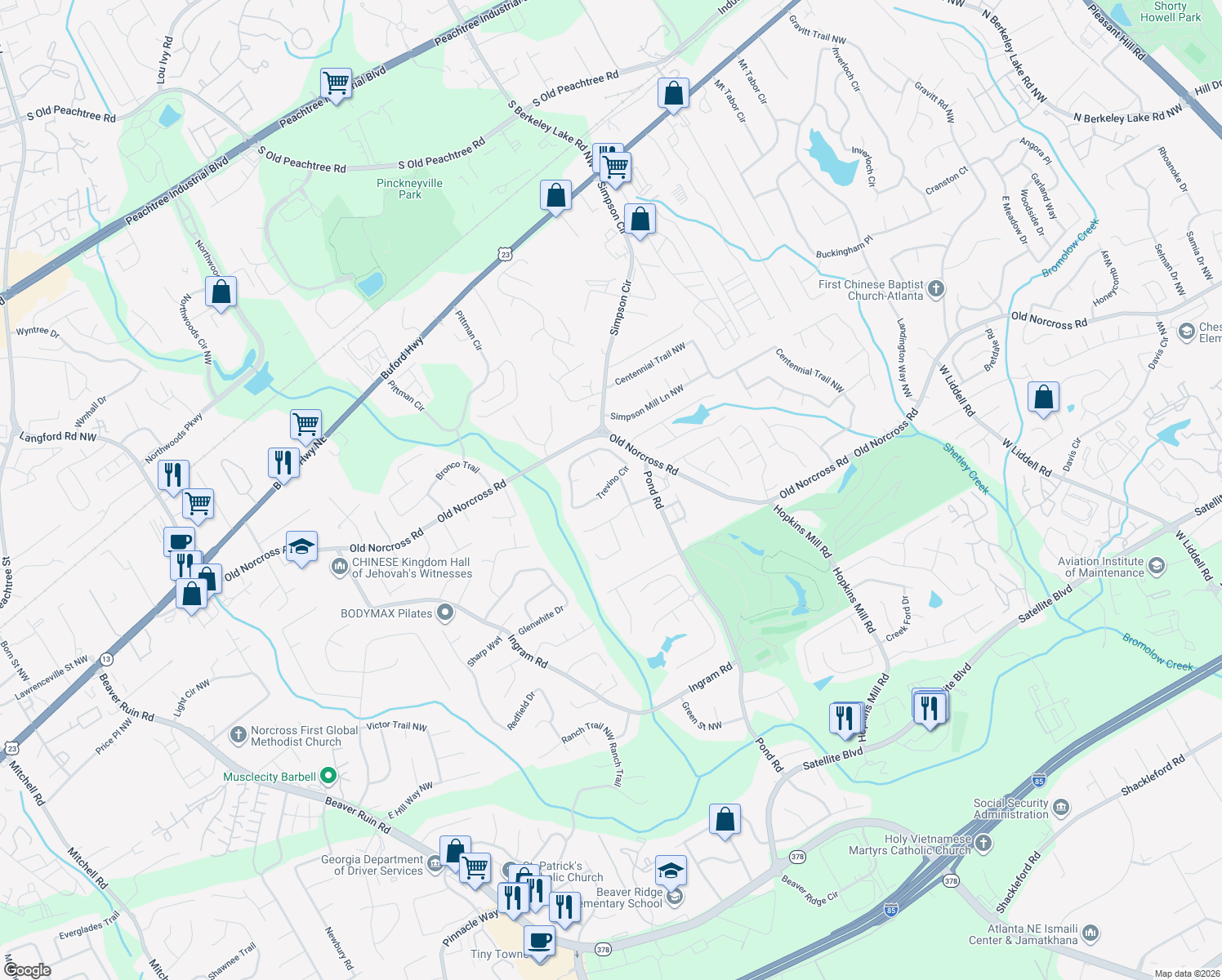 map of restaurants, bars, coffee shops, grocery stores, and more near 5011 Trevino Circle in Duluth