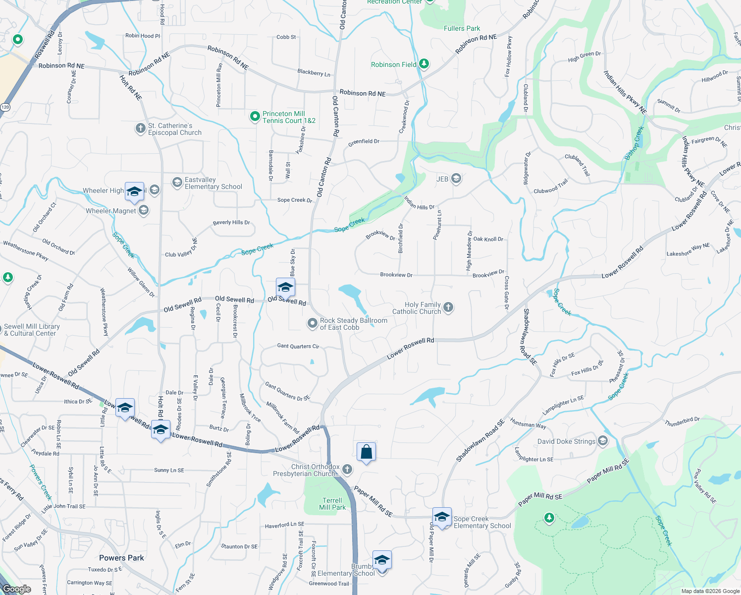 map of restaurants, bars, coffee shops, grocery stores, and more near 118 Ridgetree Lane Northeast in Marietta