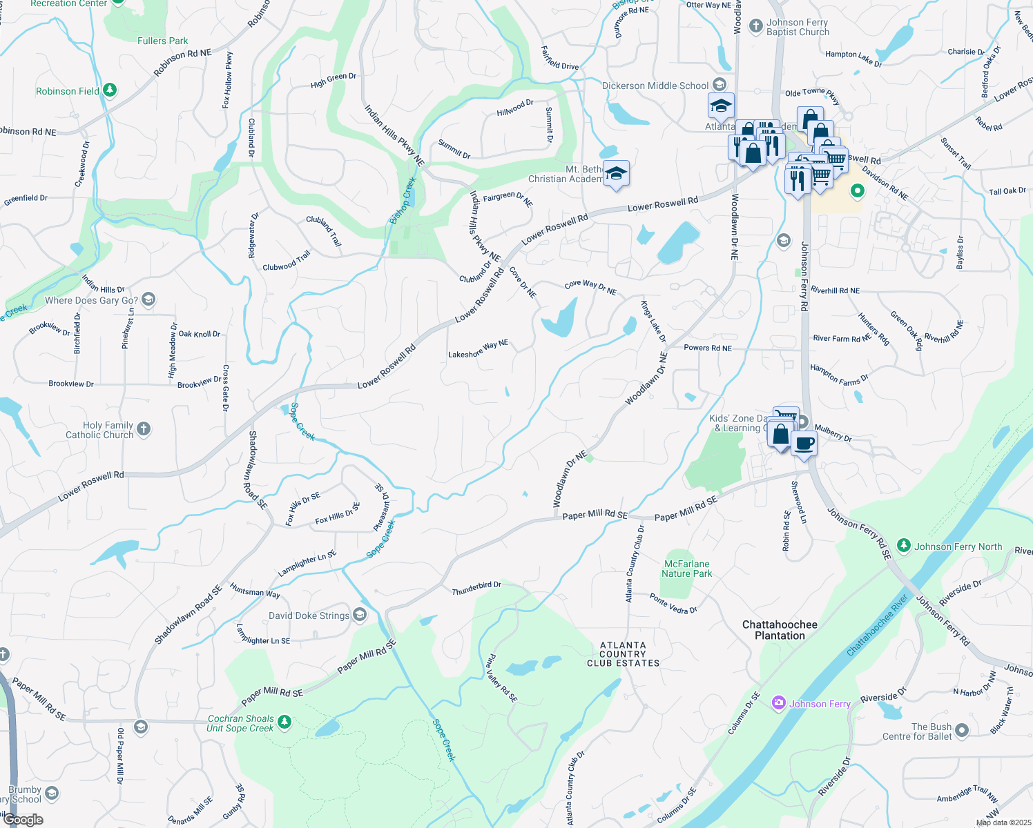 map of restaurants, bars, coffee shops, grocery stores, and more near 132 Lakeshore Drive Northeast in Marietta