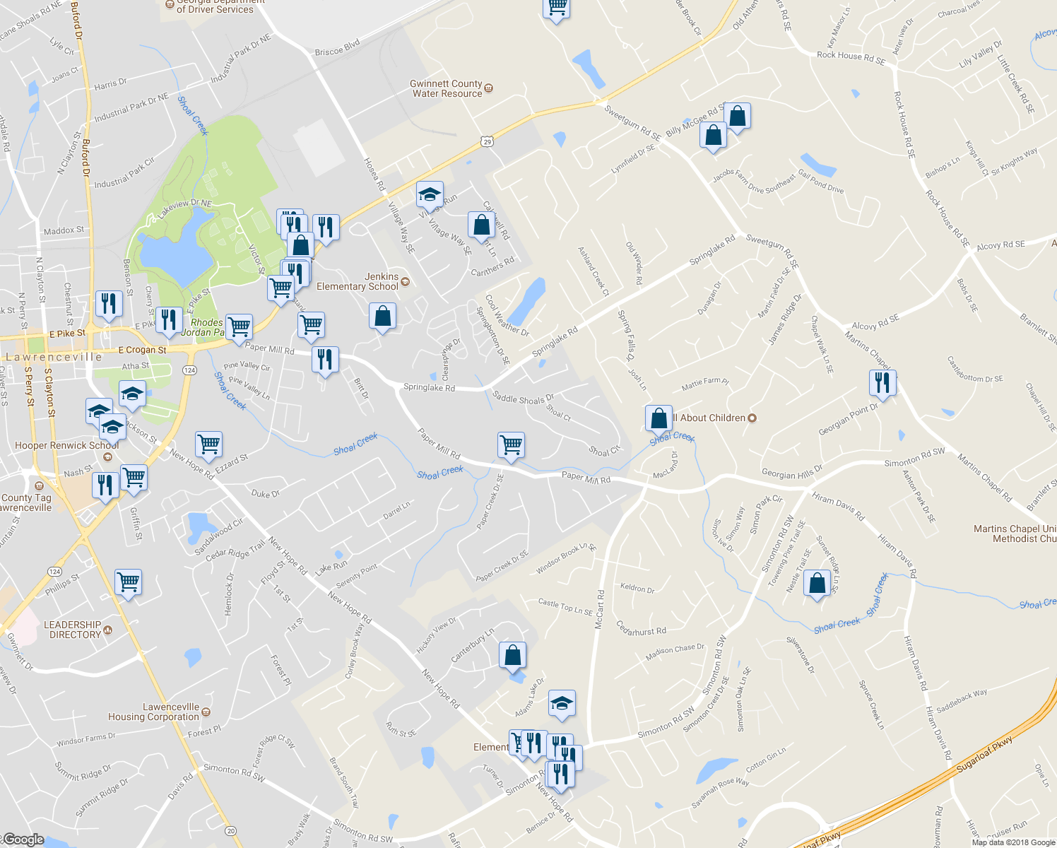 map of restaurants, bars, coffee shops, grocery stores, and more near 347 Shoal Circle in Lawrenceville