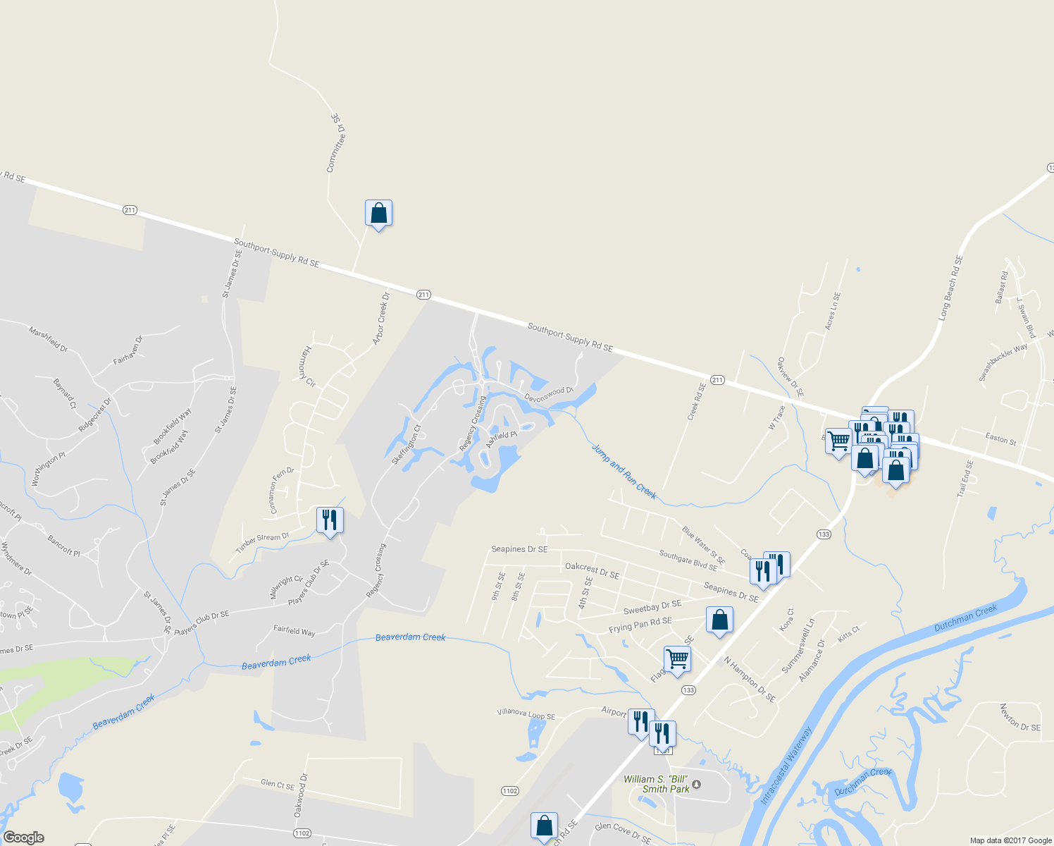 map of restaurants, bars, coffee shops, grocery stores, and more near Finley Court in Saint James