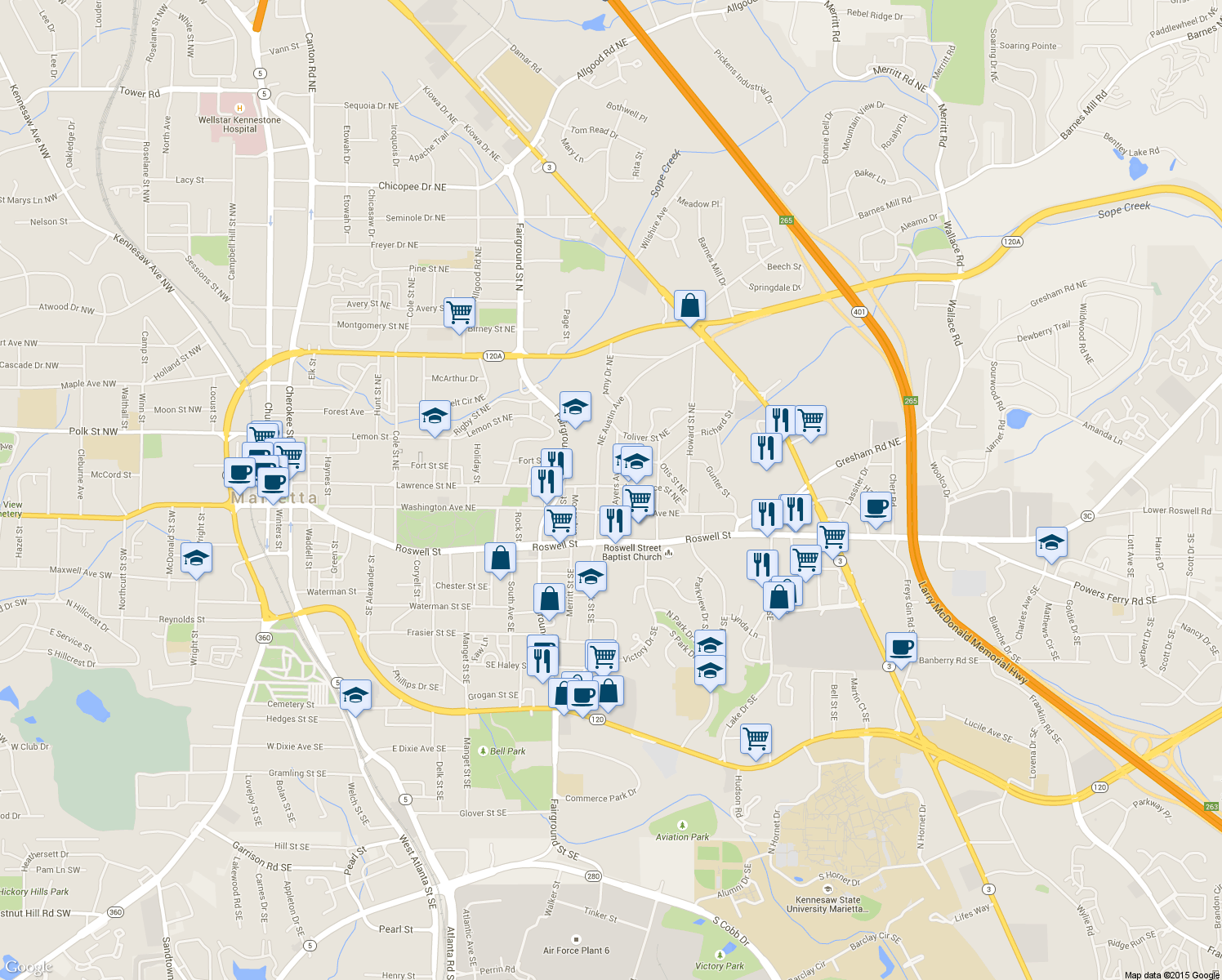 map of restaurants, bars, coffee shops, grocery stores, and more near 79 Ayers Avenue in Marietta