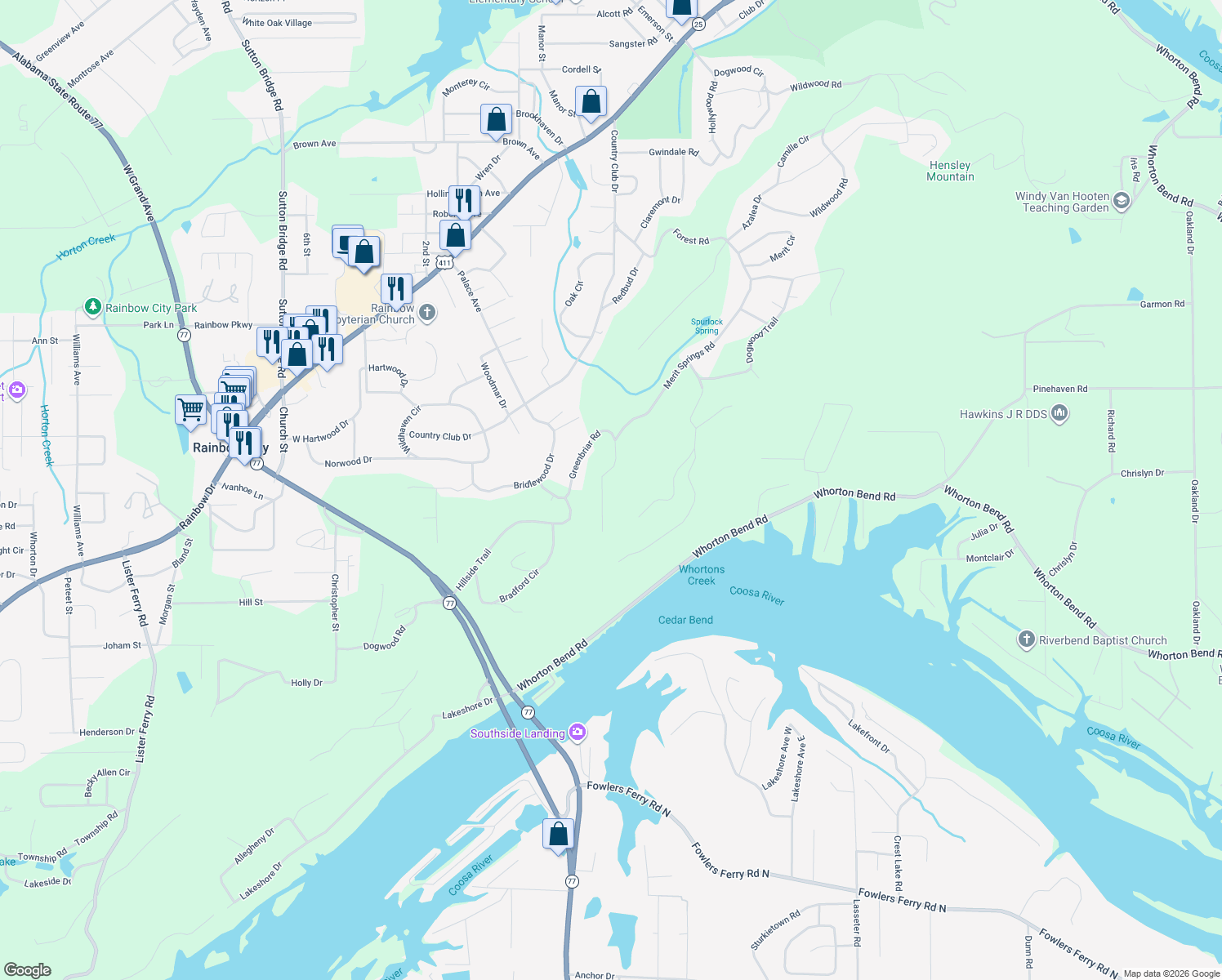 map of restaurants, bars, coffee shops, grocery stores, and more near 170 Greenbriar Road in Gadsden