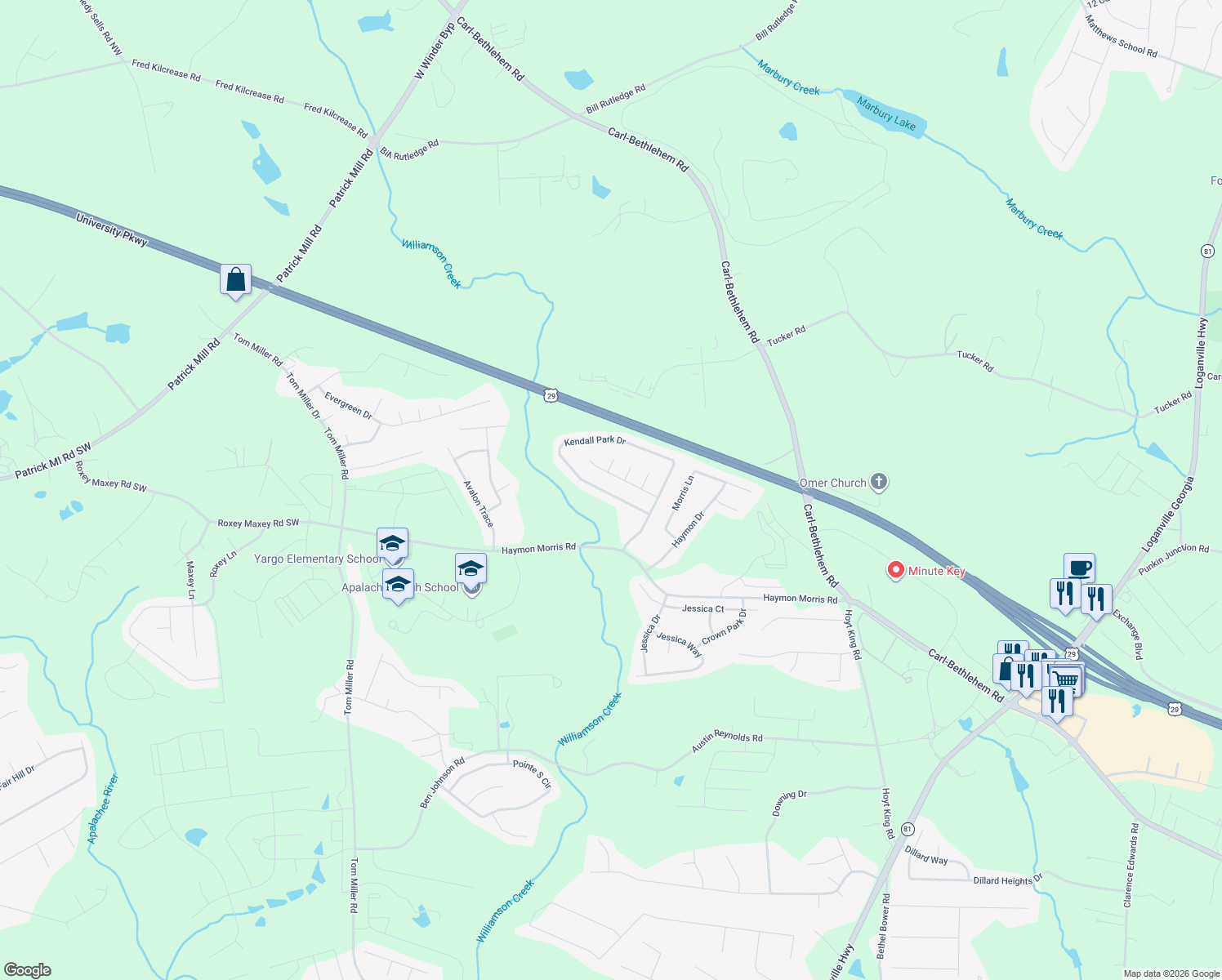 map of restaurants, bars, coffee shops, grocery stores, and more near 920 Kendall Park Dr in Winder