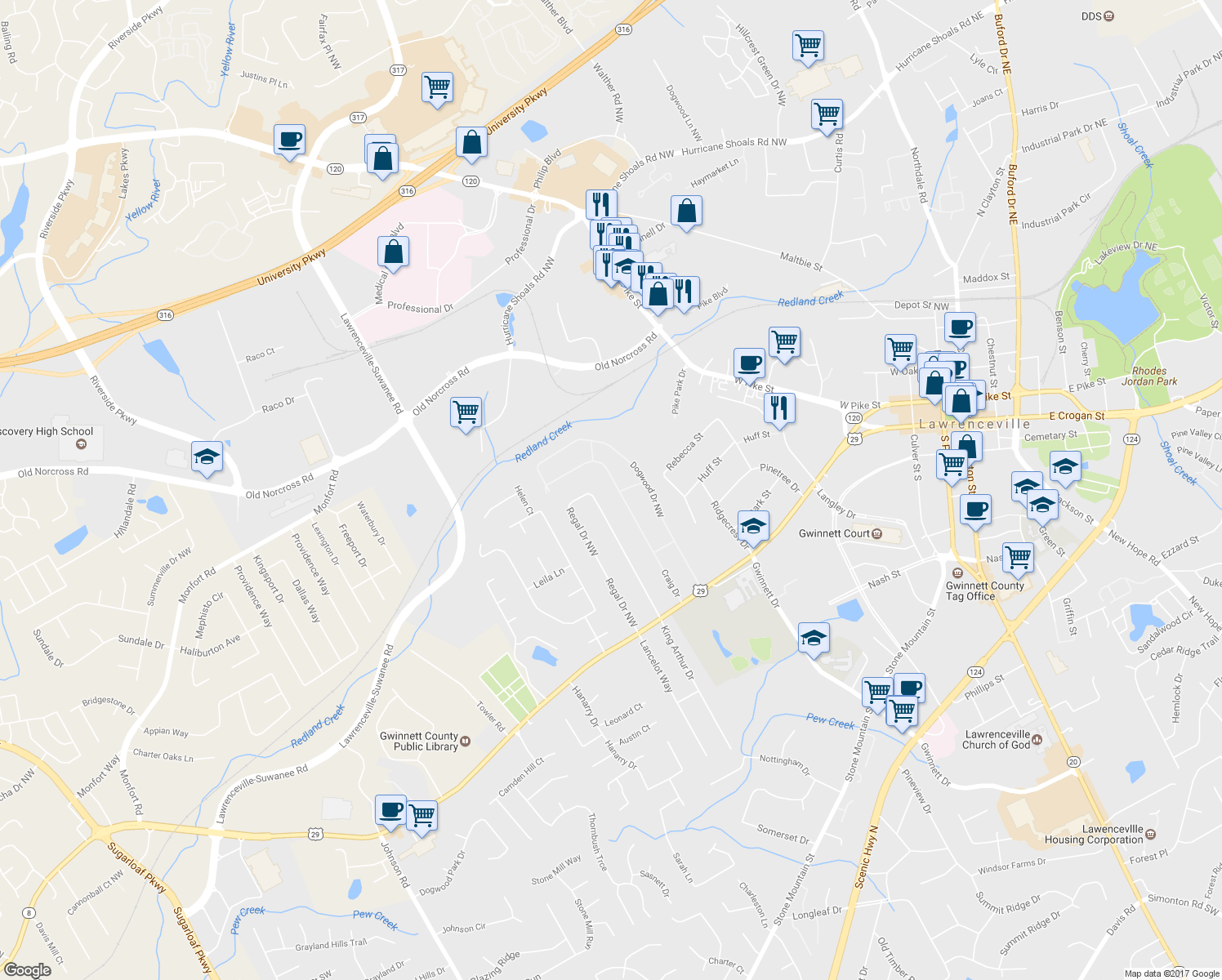 map of restaurants, bars, coffee shops, grocery stores, and more near 305 Craig Drive in Lawrenceville