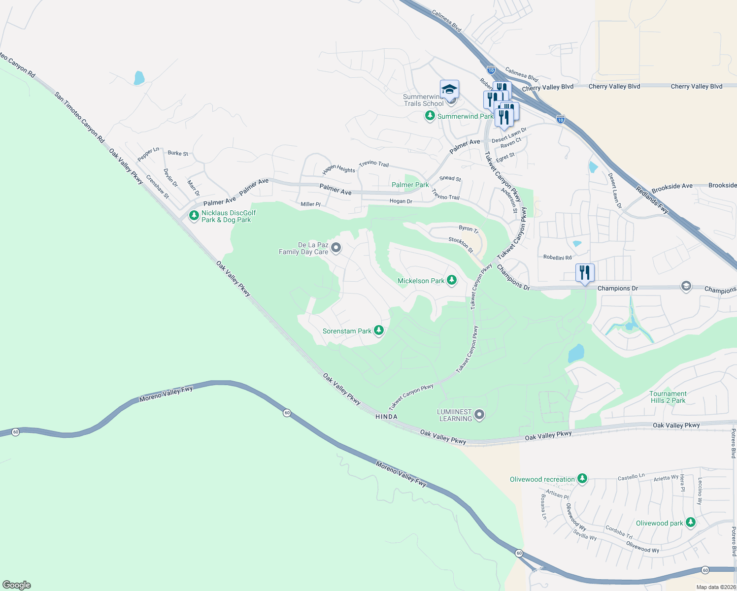 map of restaurants, bars, coffee shops, grocery stores, and more near 35044 Ouimet Way in Beaumont
