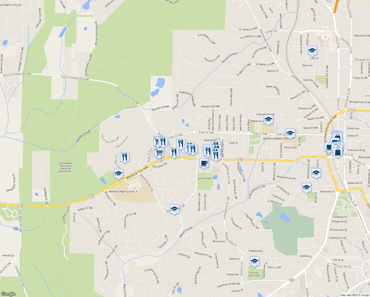 map of restaurants, bars, coffee shops, grocery stores, and more near 843 Mountain View Terrace NW in Marietta