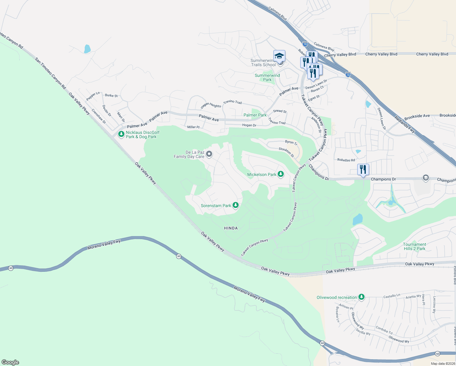 map of restaurants, bars, coffee shops, grocery stores, and more near Unnamed Road in Calimesa