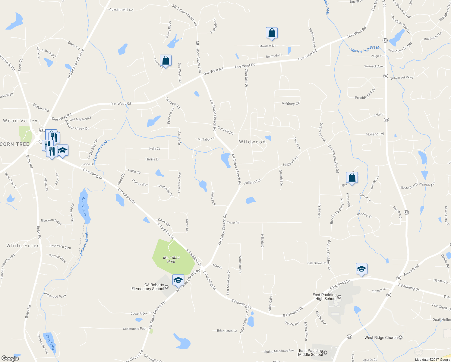 map of restaurants, bars, coffee shops, grocery stores, and more near 3145 Mount Tabor Church Road in Dallas