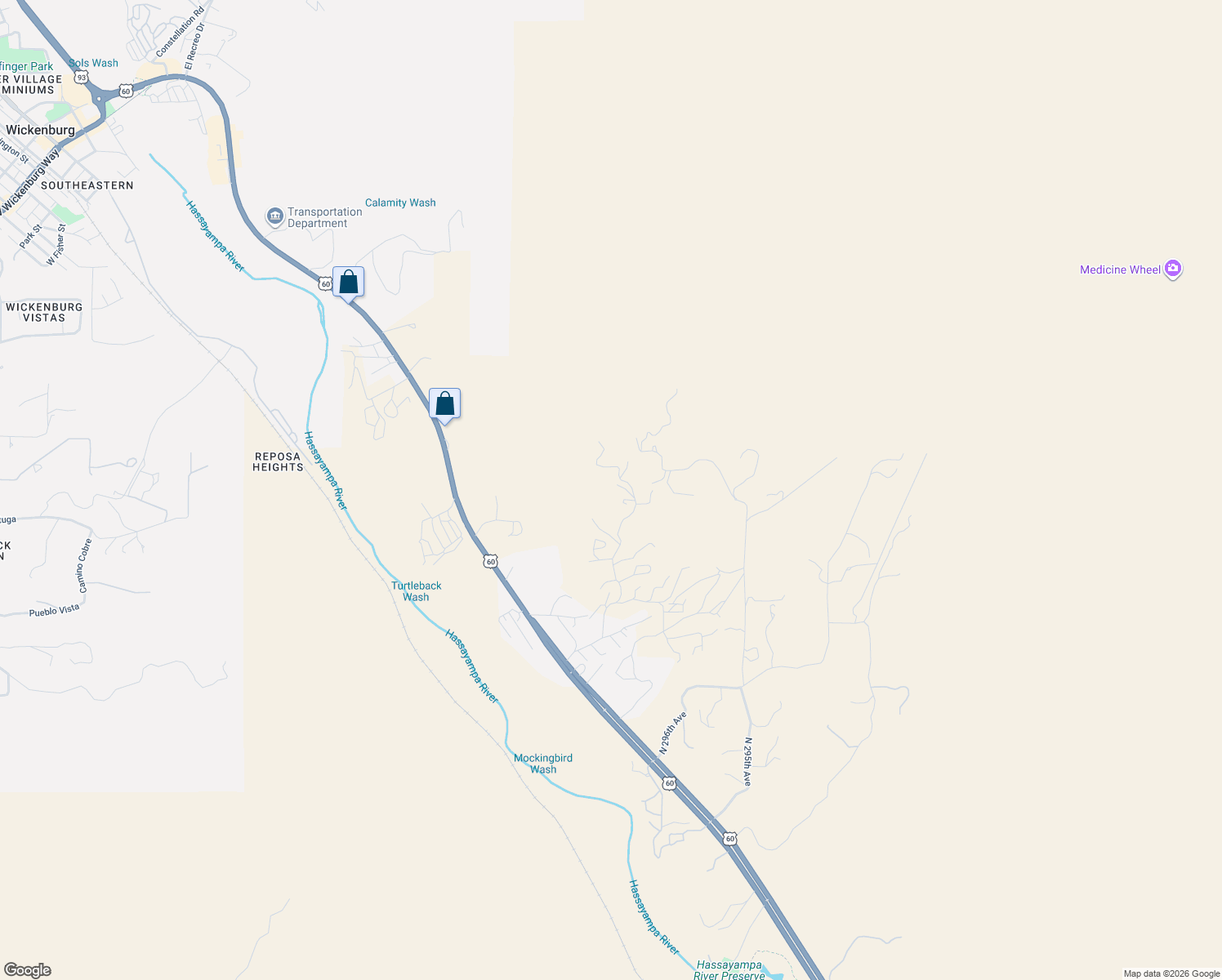 map of restaurants, bars, coffee shops, grocery stores, and more near 51826 Mockingbird Trail in Wickenburg