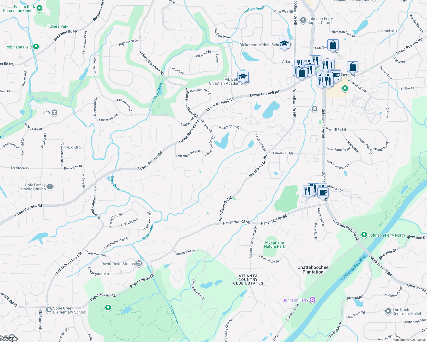 map of restaurants, bars, coffee shops, grocery stores, and more near 191 Kings Row Northeast in Marietta