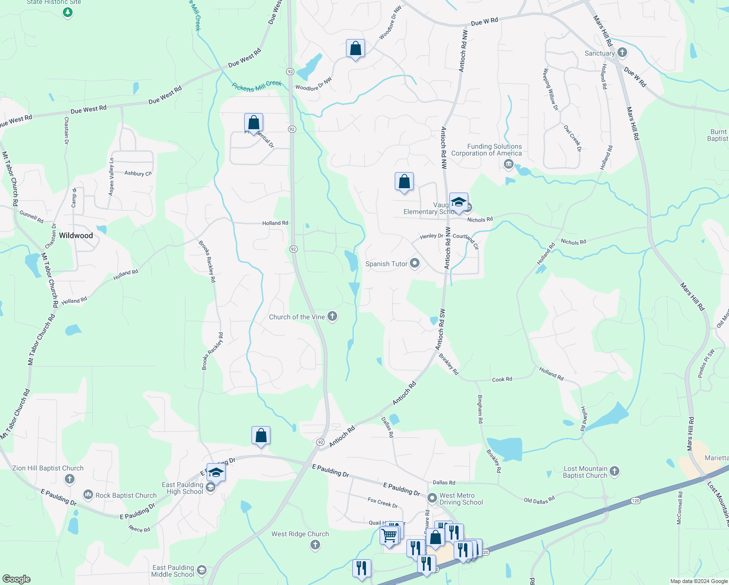 map of restaurants, bars, coffee shops, grocery stores, and more near 15 Wembley Drive in Dallas