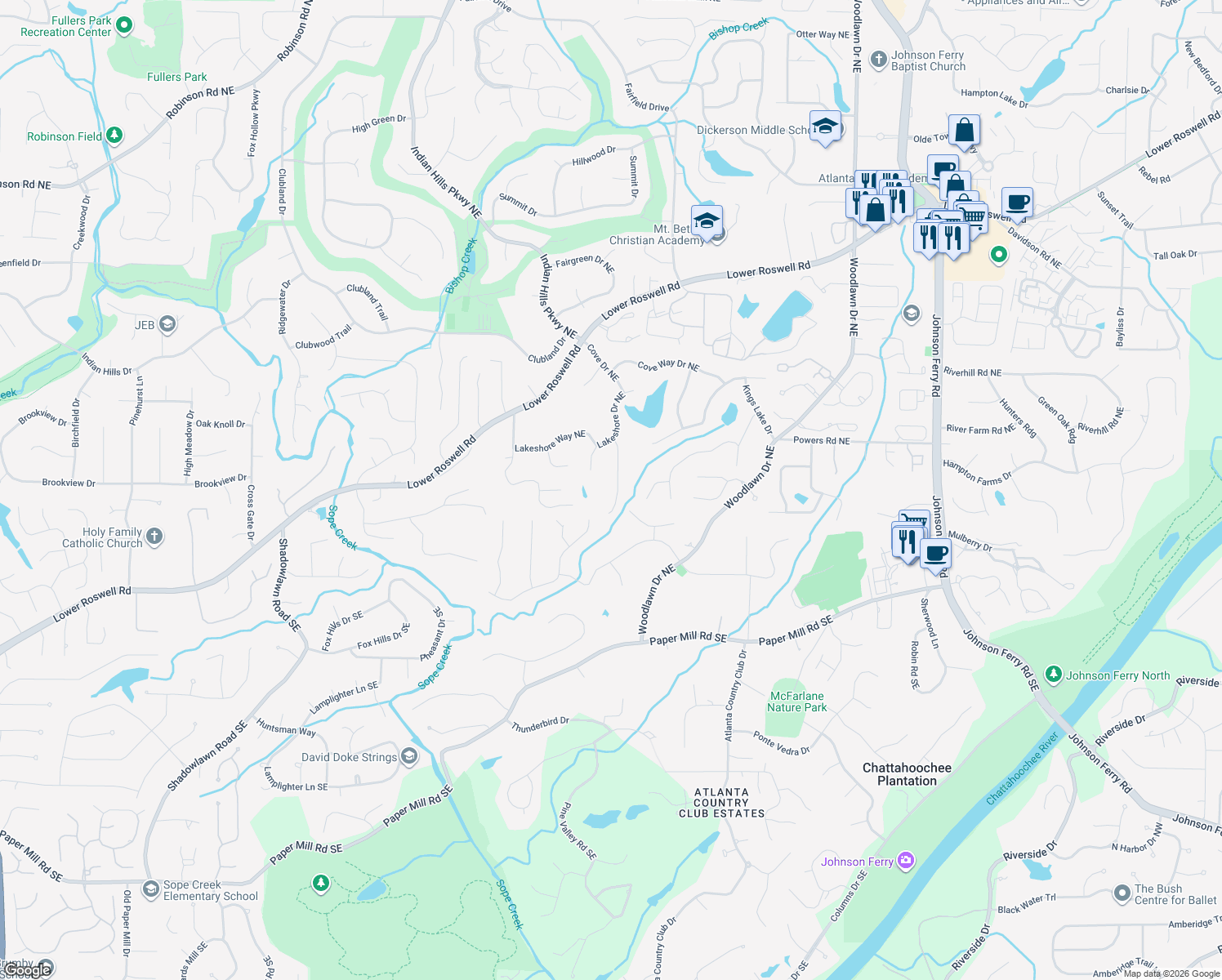 map of restaurants, bars, coffee shops, grocery stores, and more near 191 Kings Row Northeast in Marietta