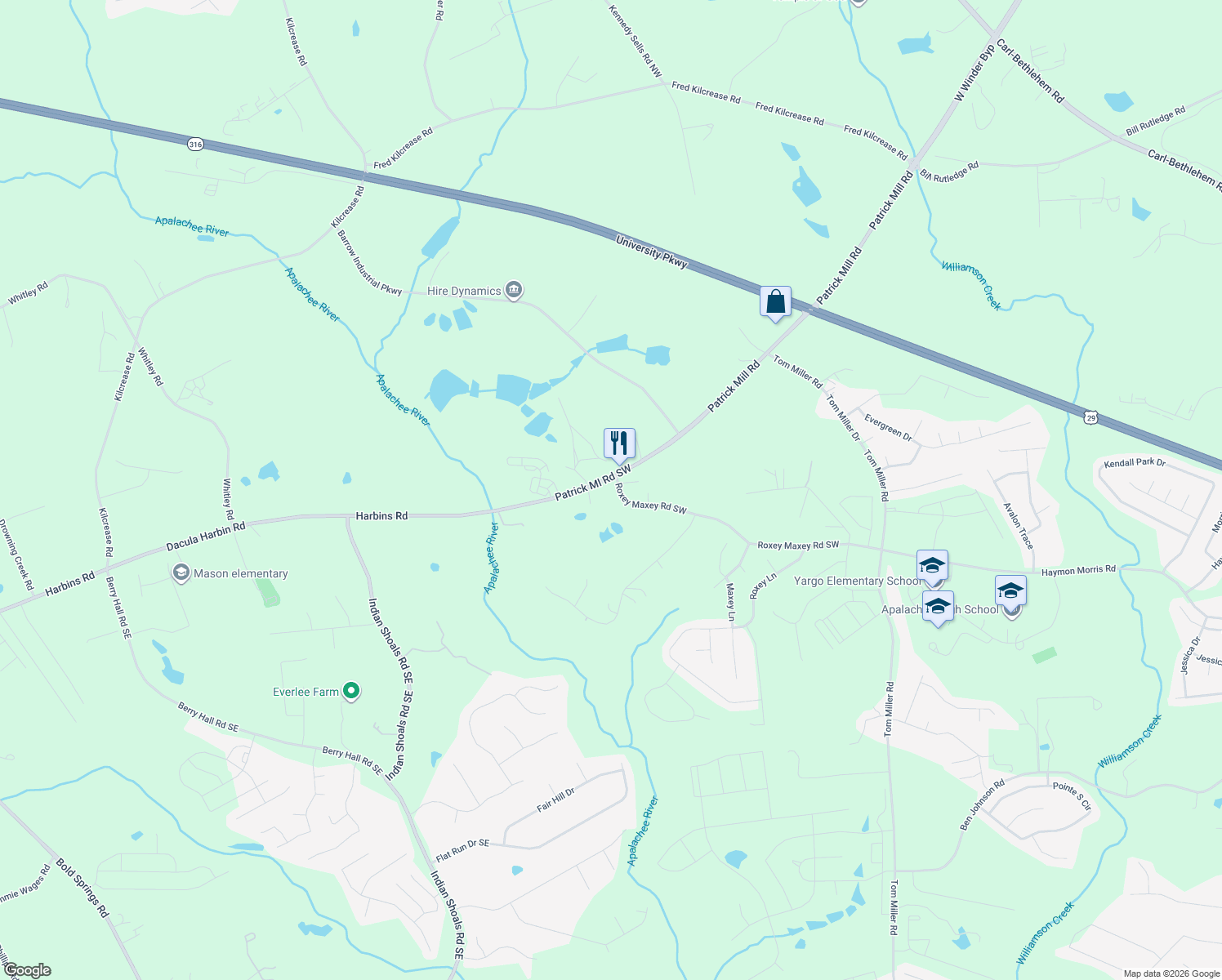 map of restaurants, bars, coffee shops, grocery stores, and more near 1214 Roxey Maxey Road Southwest in Winder