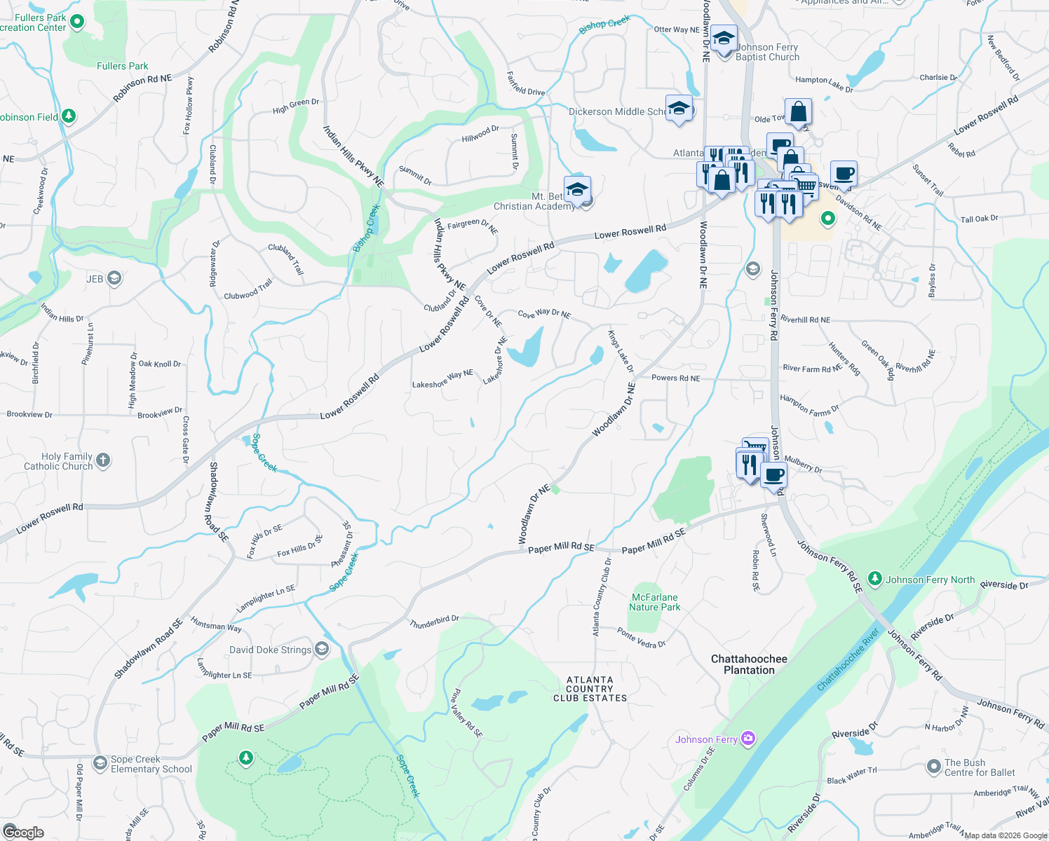 map of restaurants, bars, coffee shops, grocery stores, and more near 311 Kings Court in Marietta