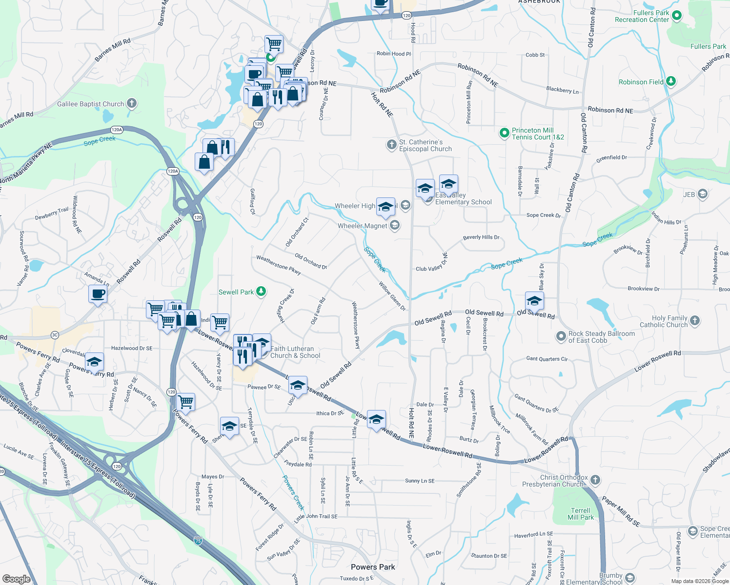 map of restaurants, bars, coffee shops, grocery stores, and more near 186 Spring Field Ln in Marietta