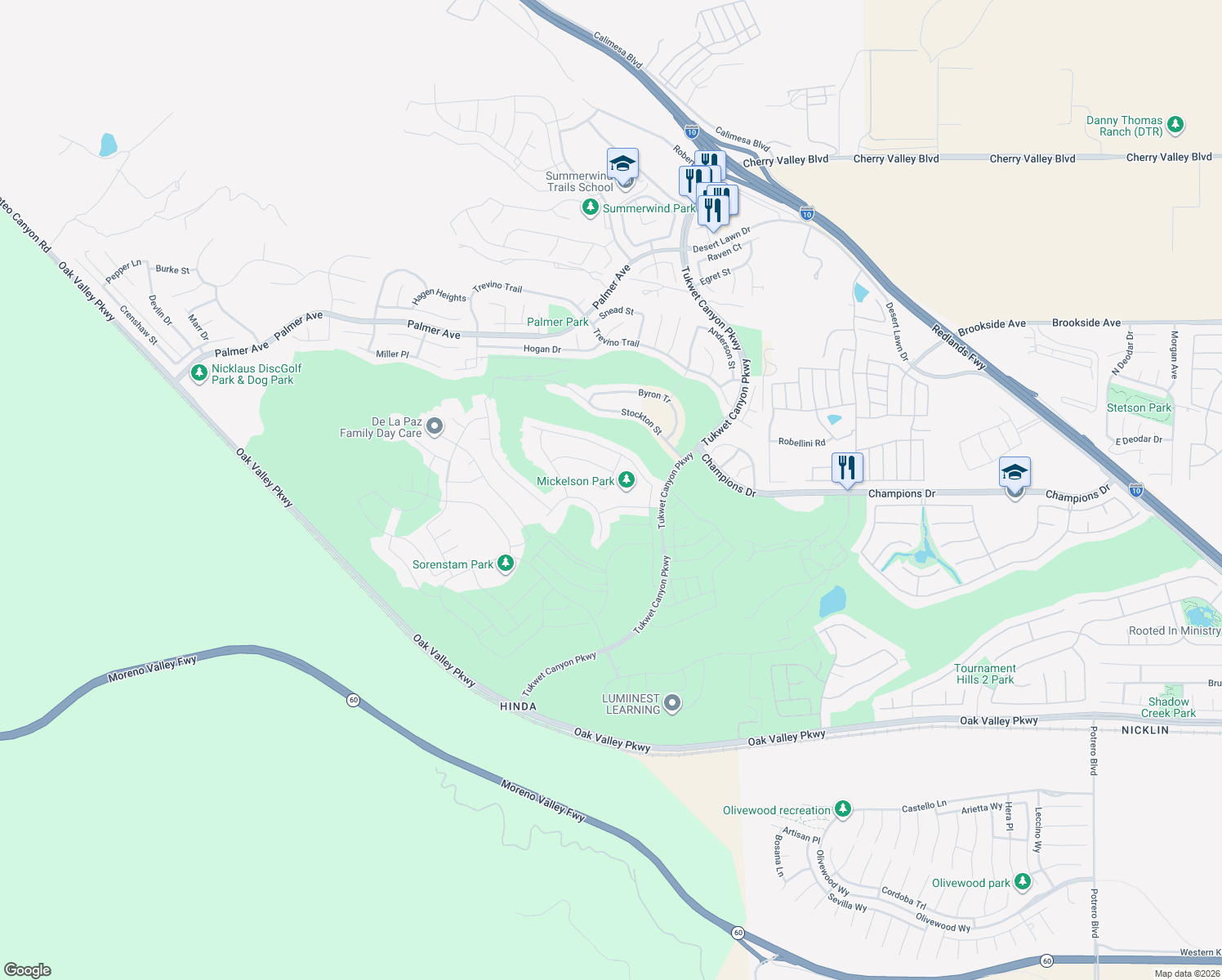 map of restaurants, bars, coffee shops, grocery stores, and more near 11482 Jacobsen Road in Calimesa
