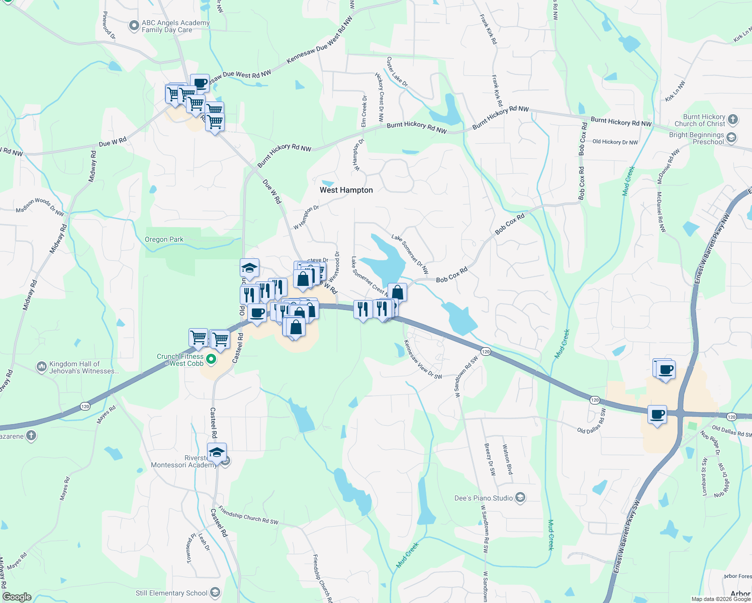 map of restaurants, bars, coffee shops, grocery stores, and more near 3364 Timbers Edge Dr in Marietta