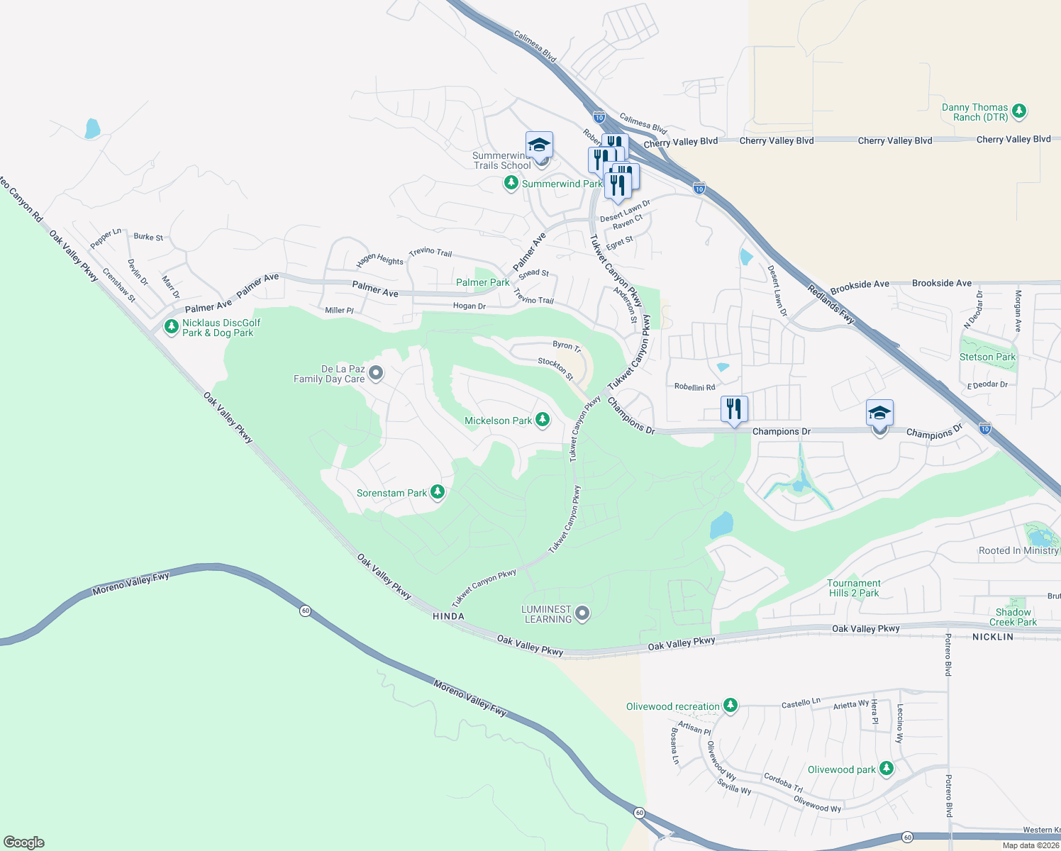 map of restaurants, bars, coffee shops, grocery stores, and more near 11482 Jacobsen Road in Calimesa