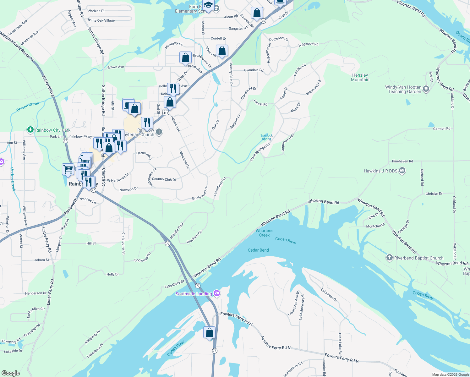 map of restaurants, bars, coffee shops, grocery stores, and more near 148 Greenbriar Road in Gadsden