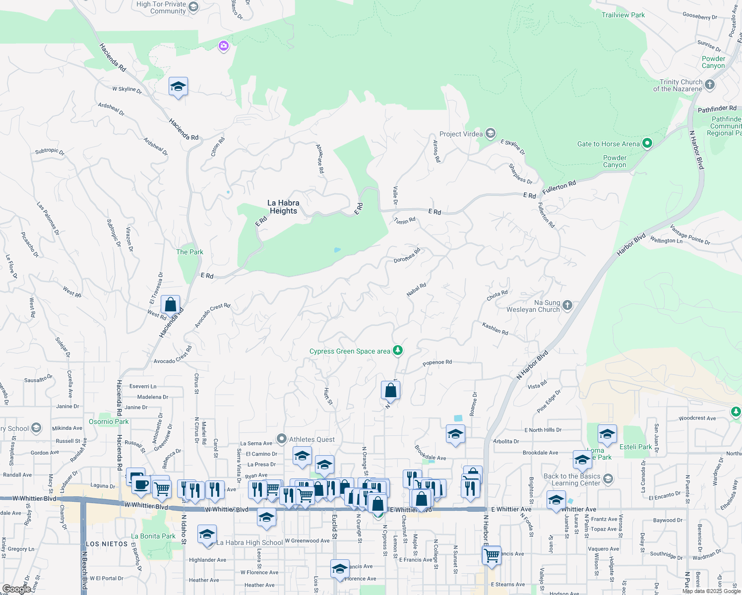map of restaurants, bars, coffee shops, grocery stores, and more near 980 Dorothea Road in La Habra Heights