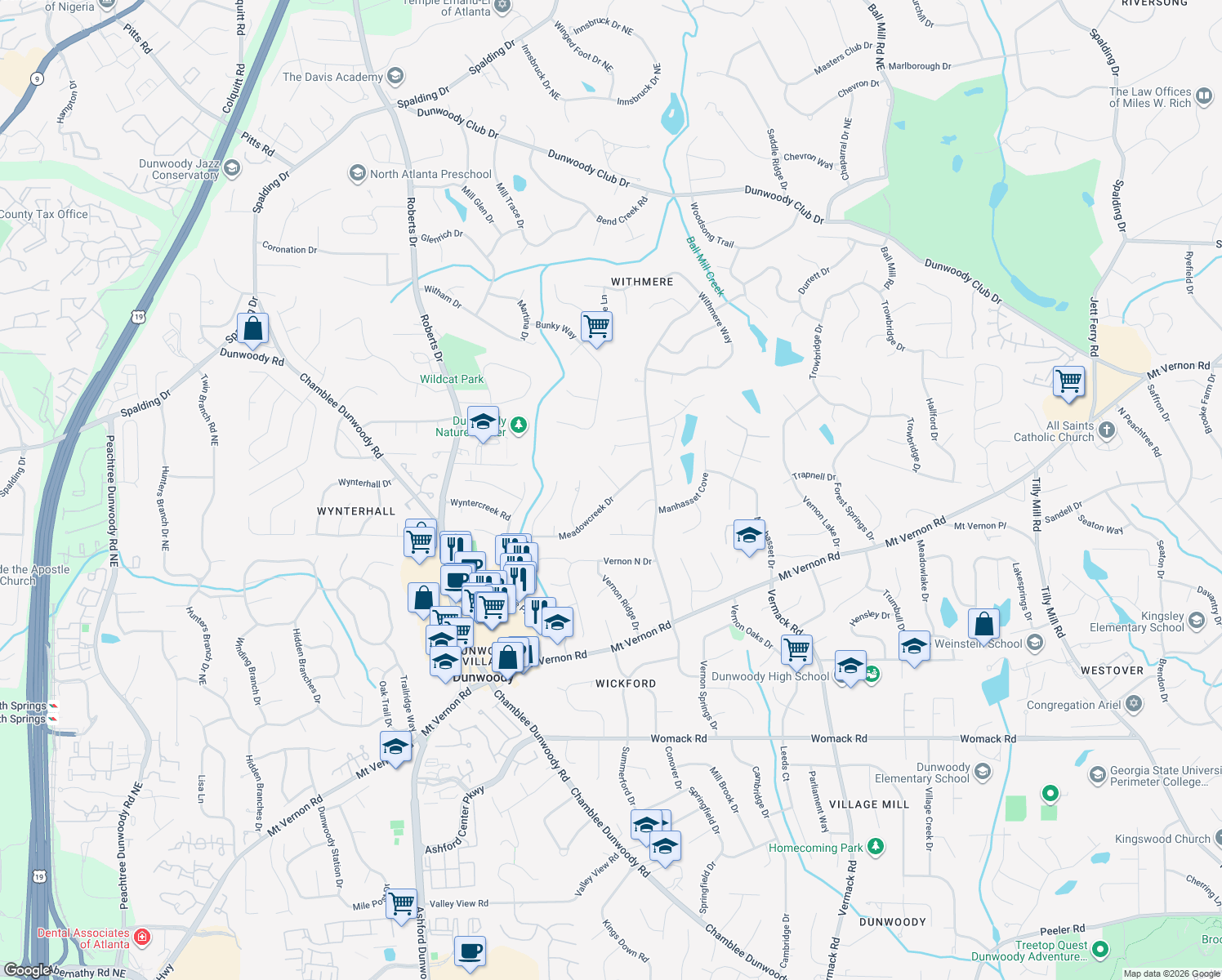 map of restaurants, bars, coffee shops, grocery stores, and more near 5258 Meadowcreek Dr in Dunwoody