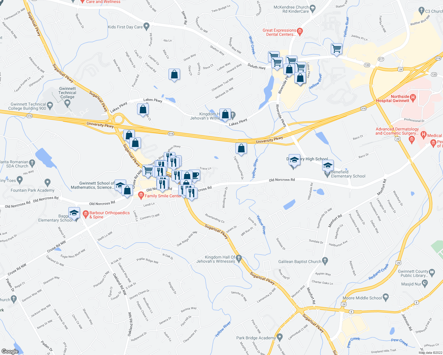 map of restaurants, bars, coffee shops, grocery stores, and more near 1538 Park Grove Drive in Lawrenceville