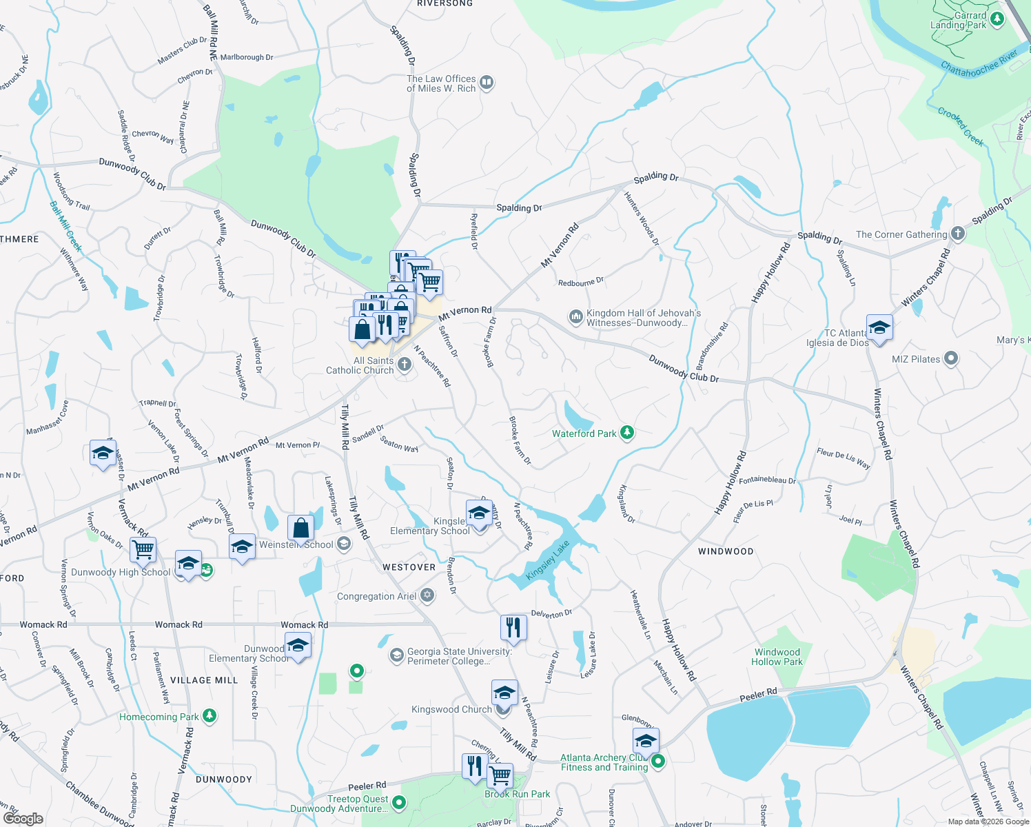 map of restaurants, bars, coffee shops, grocery stores, and more near 5273 Brooke Farm Dr in Dunwoody