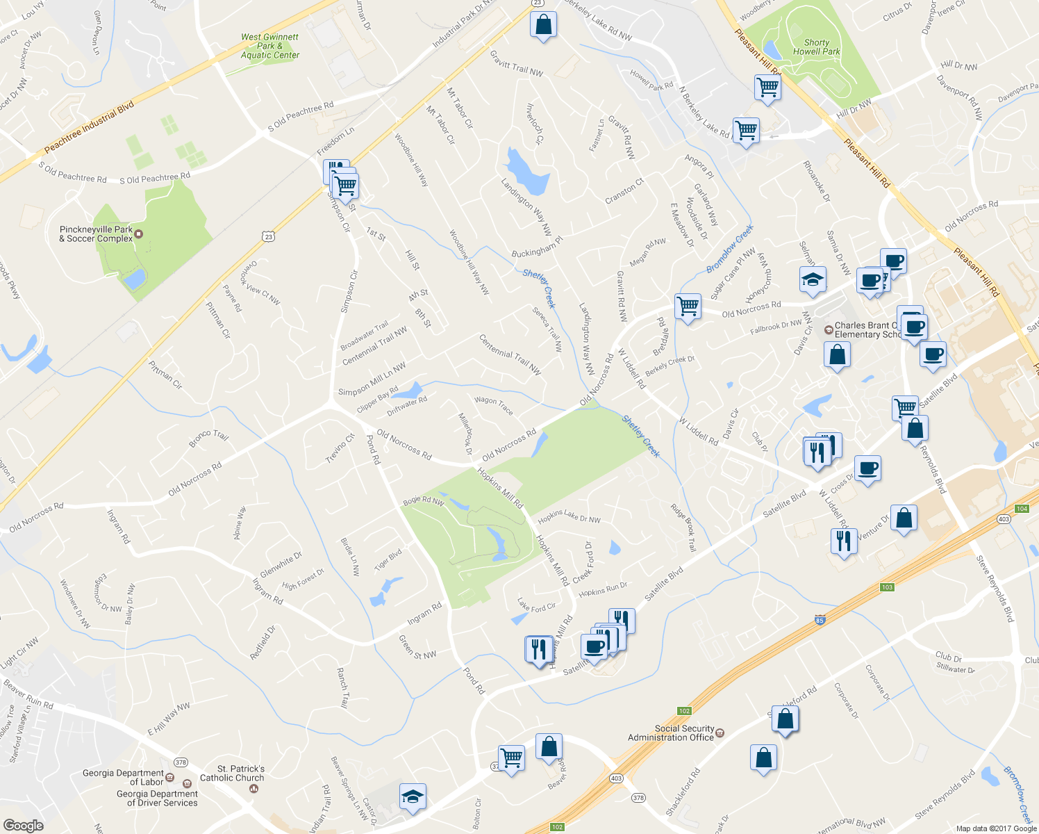 map of restaurants, bars, coffee shops, grocery stores, and more near 3688 Centennial Trail NW in Duluth