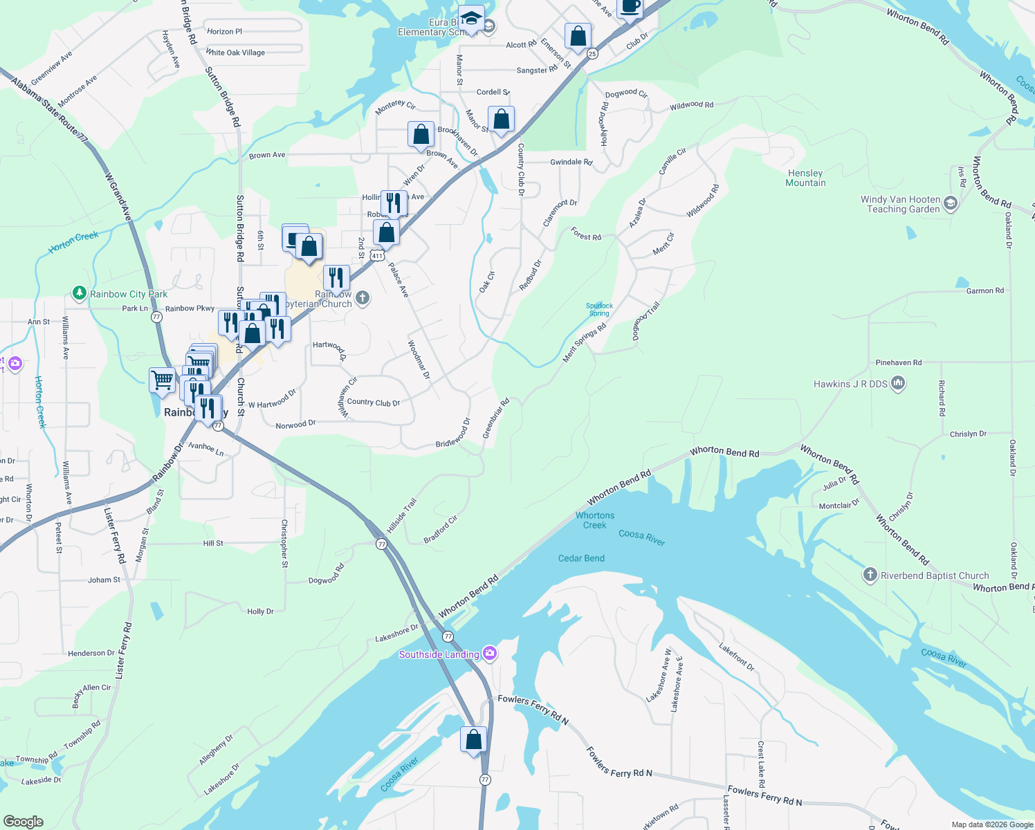 map of restaurants, bars, coffee shops, grocery stores, and more near 148 Greenbriar Road in Gadsden