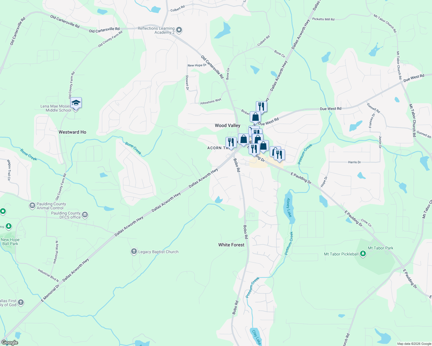 map of restaurants, bars, coffee shops, grocery stores, and more near 15 Acorn Tree Drive in Dallas