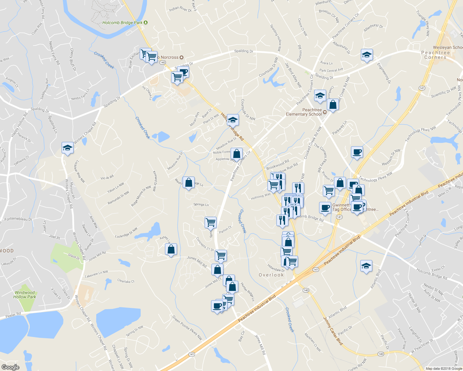 map of restaurants, bars, coffee shops, grocery stores, and more near 6393 Hawthorne Terrace in Norcross