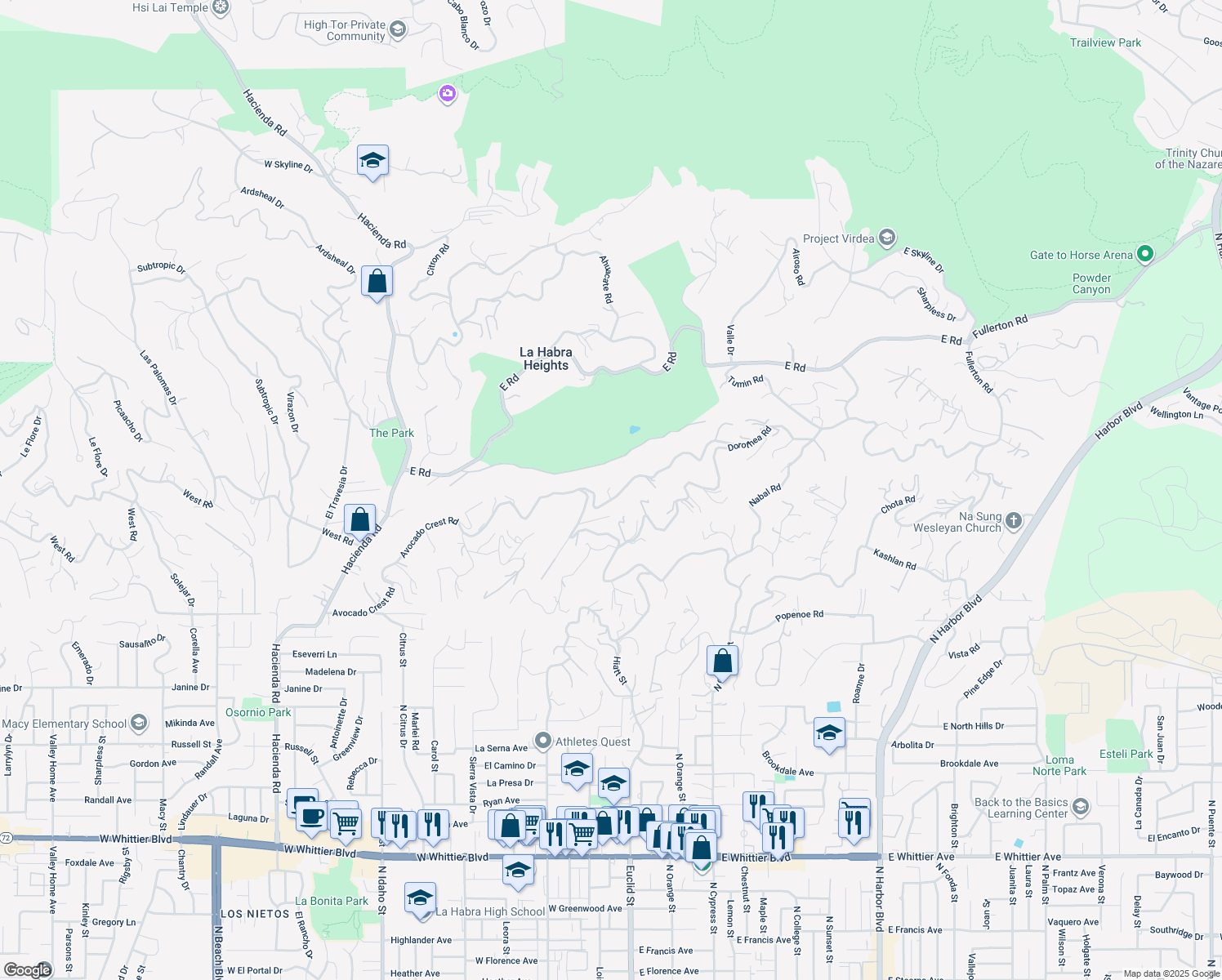 map of restaurants, bars, coffee shops, grocery stores, and more near 927 Avocado Crest Road in La Habra Heights