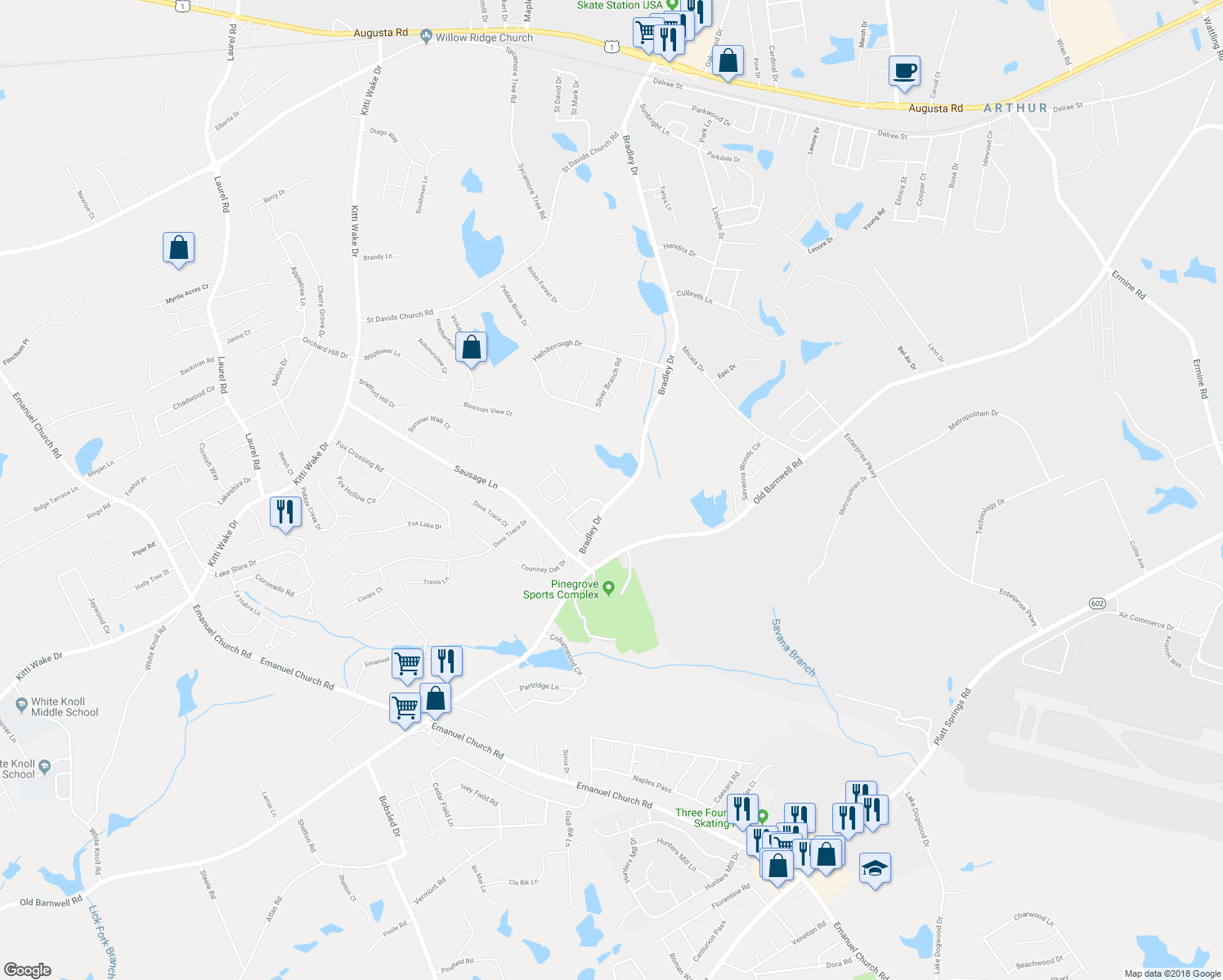 map of restaurants, bars, coffee shops, grocery stores, and more near 139 Bradley Drive in West Columbia