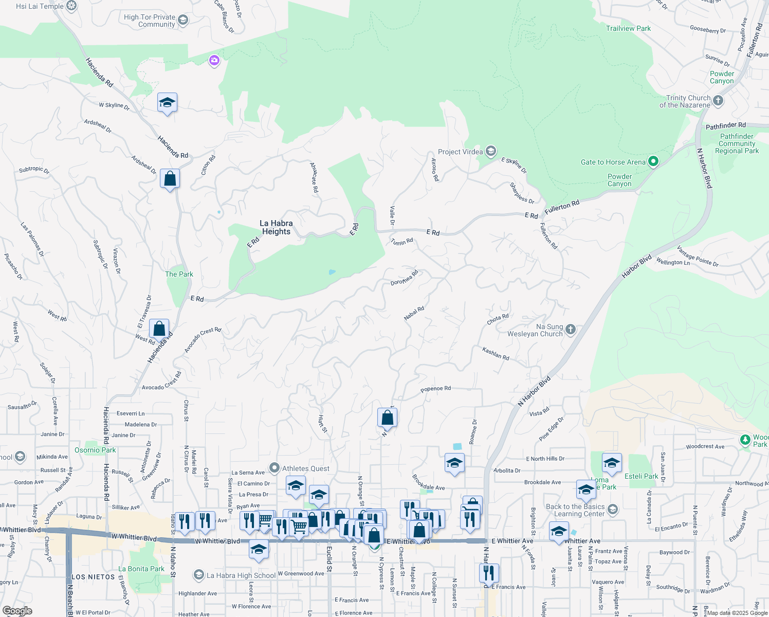 map of restaurants, bars, coffee shops, grocery stores, and more near 506 Dorothea Road in La Habra Heights