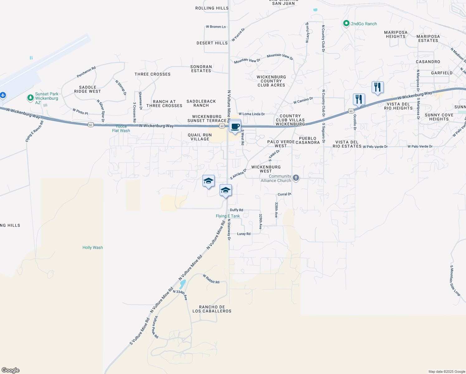 map of restaurants, bars, coffee shops, grocery stores, and more near 955 South Vulture Mine Road in Wickenburg