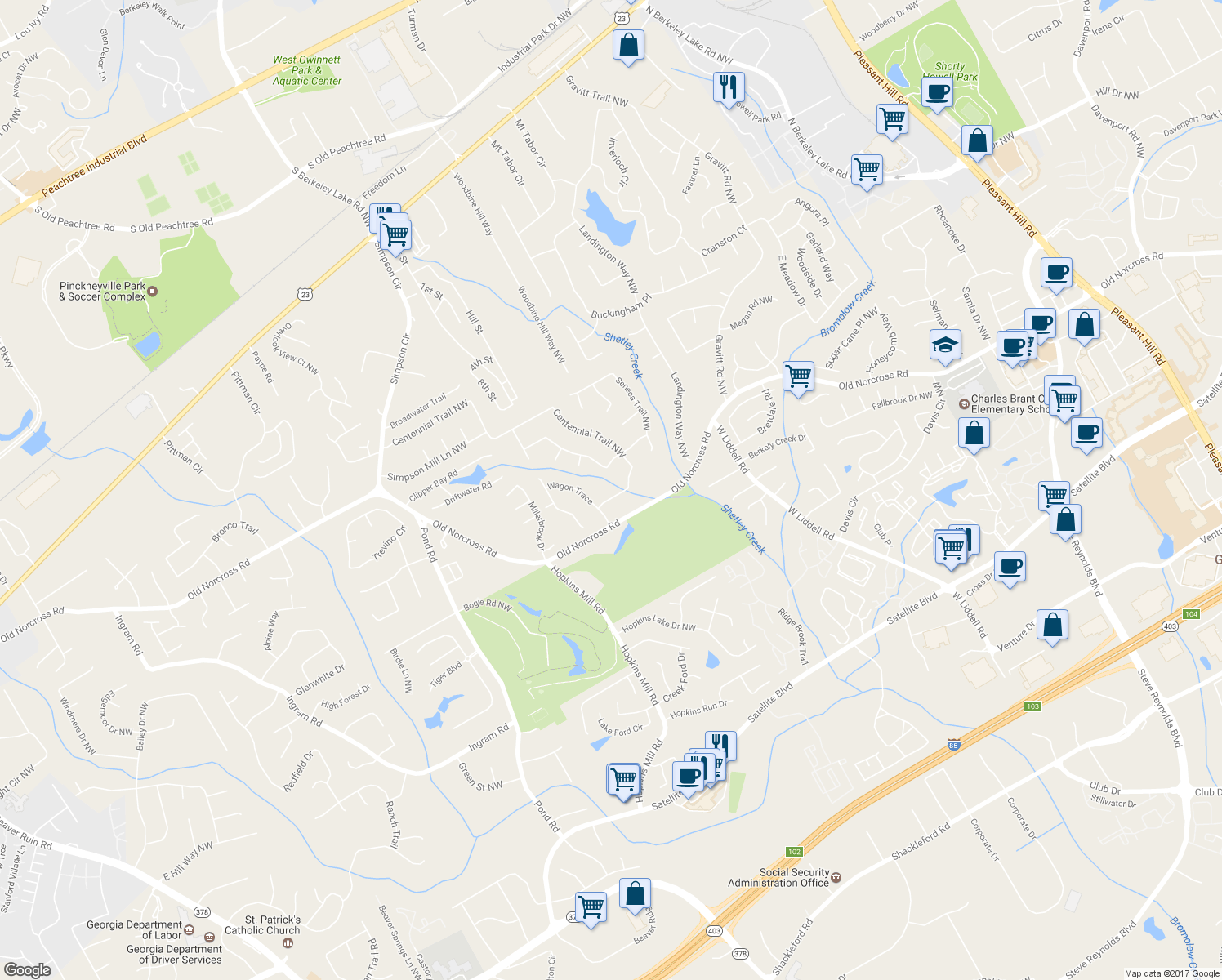 map of restaurants, bars, coffee shops, grocery stores, and more near 4397 Centennial Trail Northwest in Duluth