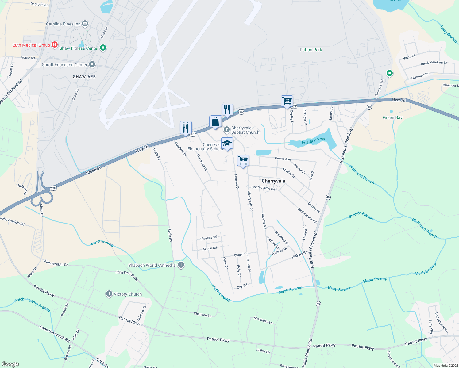 map of restaurants, bars, coffee shops, grocery stores, and more near 4700 Cayman St in Sumter