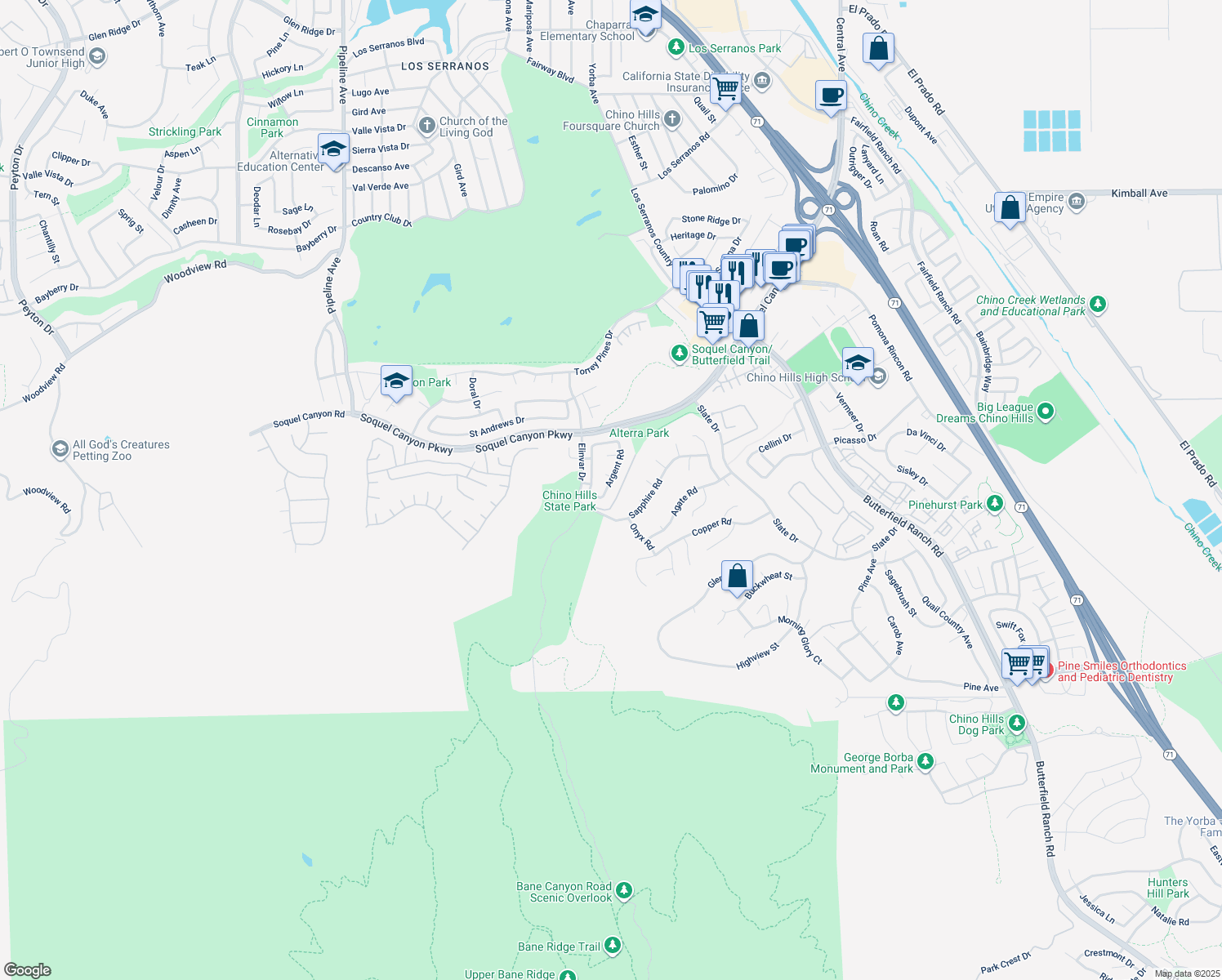 map of restaurants, bars, coffee shops, grocery stores, and more near 16405 Argent Road in Chino Hills
