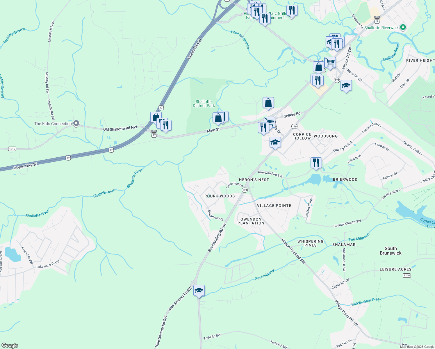 map of restaurants, bars, coffee shops, grocery stores, and more near 4898 Tallow Trace in Shallotte