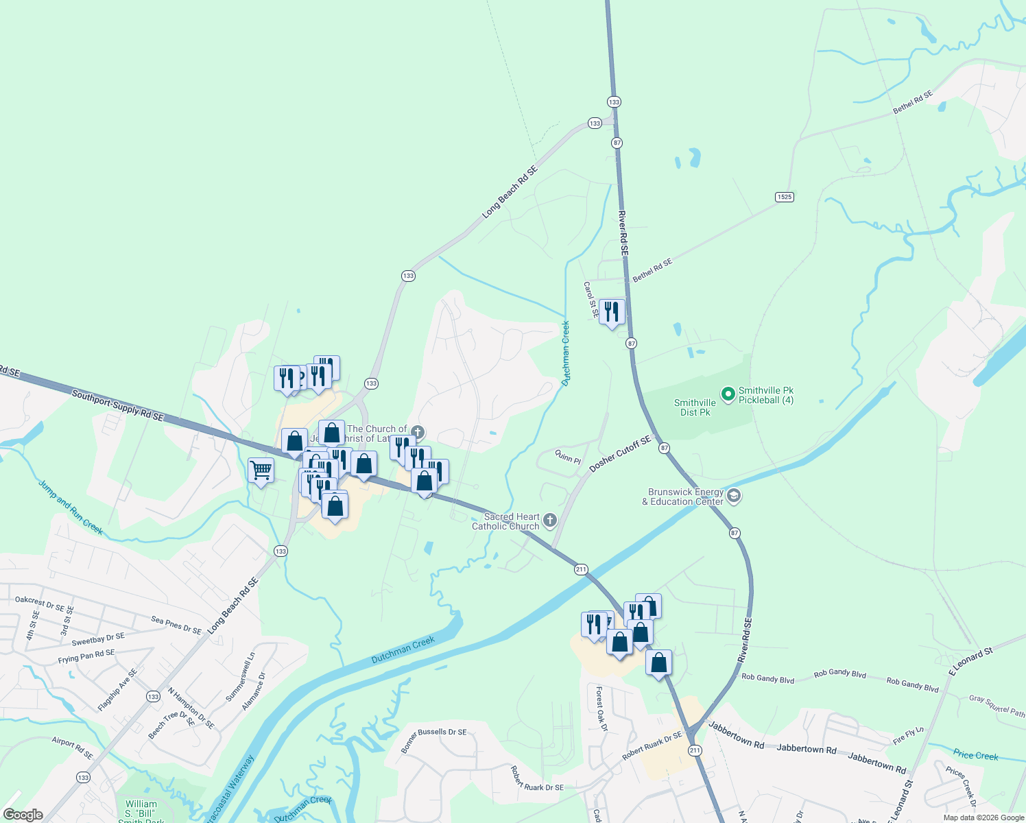 map of restaurants, bars, coffee shops, grocery stores, and more near 5219 Shipmast Way in Southport