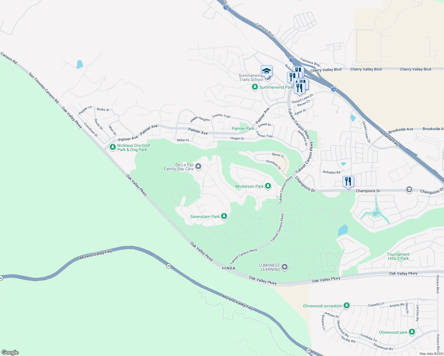 map of restaurants, bars, coffee shops, grocery stores, and more near 11450 Aaron Ave in Calimesa